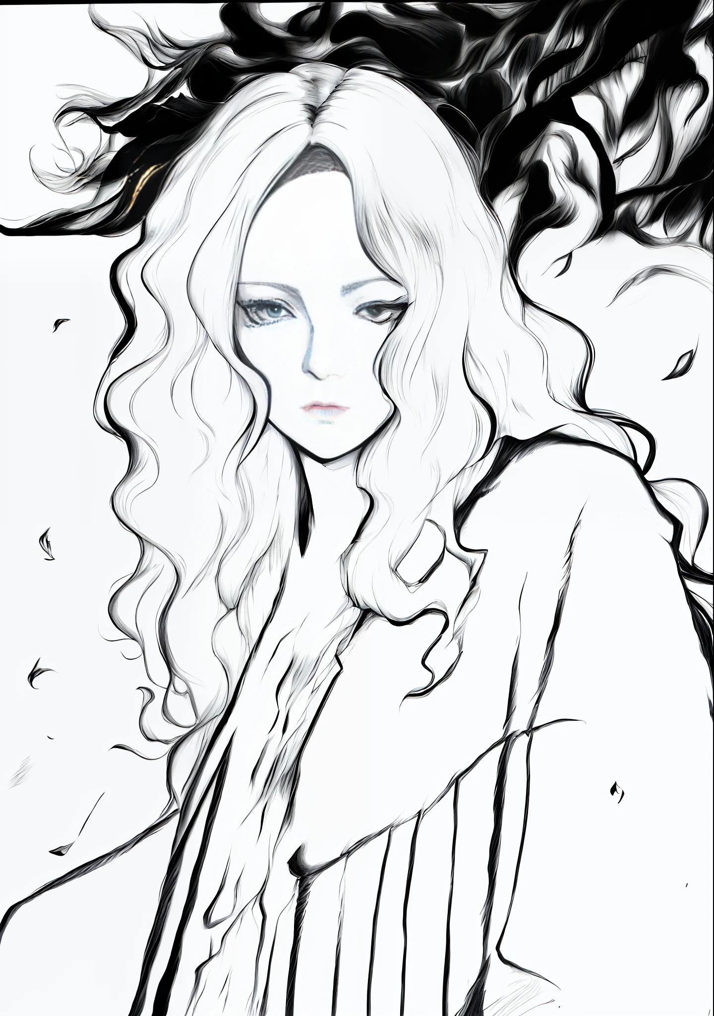 a drawing of a woman with long hair and a coat, inspired by amano, inspired by Austin Briggs, art in the style of terry moore, sui ishida art manga, in style of manga, official illustration, extremely fine ink lineart, in a cloak with long hairs, inspired by Andrew Robinson, flowing hair and long robes, by Naka Bokunen