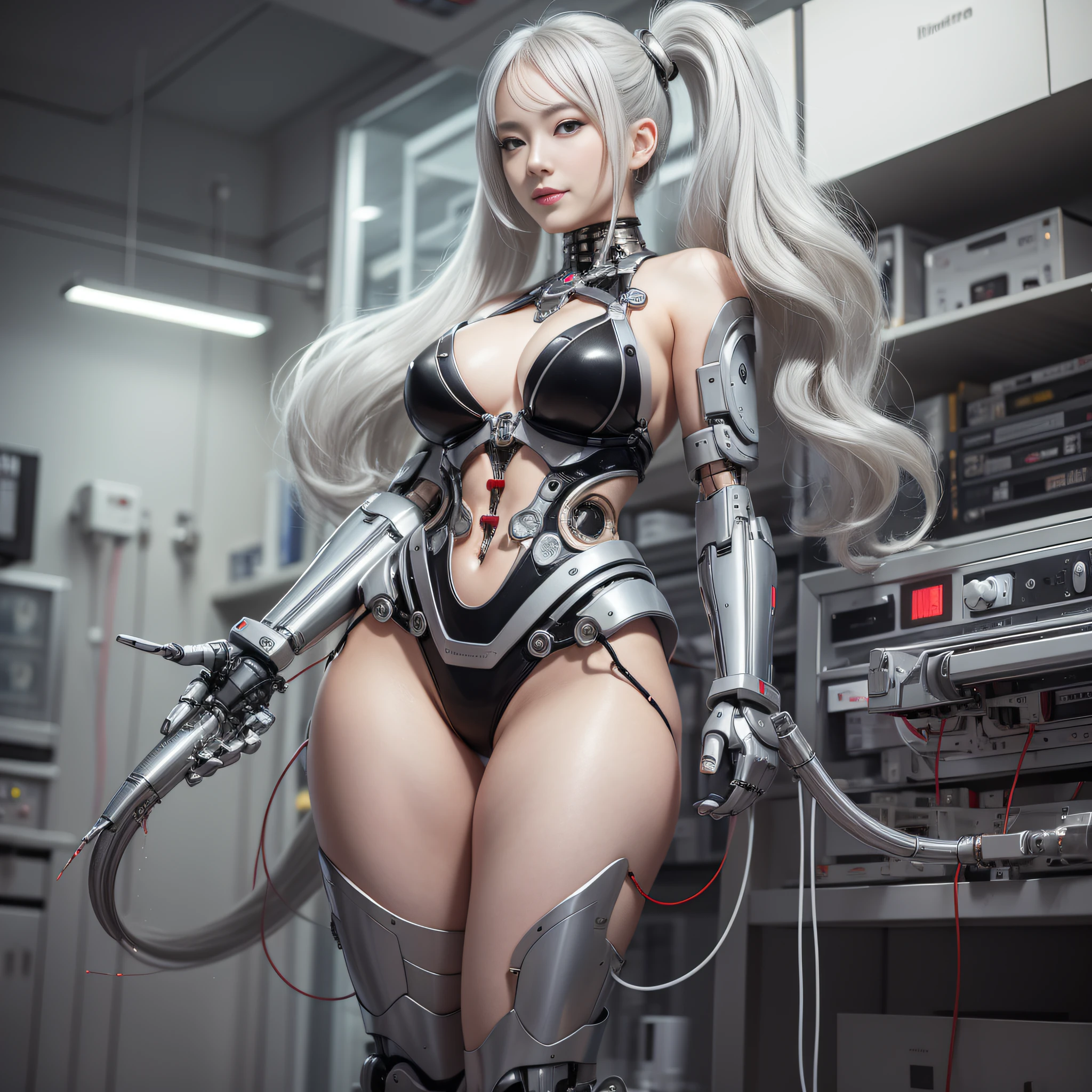 Beautiful Face,face is Japan, 1 Woman, Big, Curvaceous, (16k, RAW photo, top quality, masterpiece: 1.2), (HDR, Realistic, Photorealistic: 1.37) (tube attached to the body), (Bikini Cyborg robot parts)))), (light gray hair), Long hair, Wavy hair, Twin tails, Medium shot, ( Seductive smile)), (black eyes), princess cut,from below,(whole body),posing,,in the lab,( tube connected to blood vessel),((mechanical vertebrae attached to the back)),((mechanical neck attached to the neck)),(wire cable attached to the head and body),(character focus),science fiction,perfect female figure,perfect anatomy,ultraanatomy, Full body shot, up to 4 fingers and 1 thumb relationship,