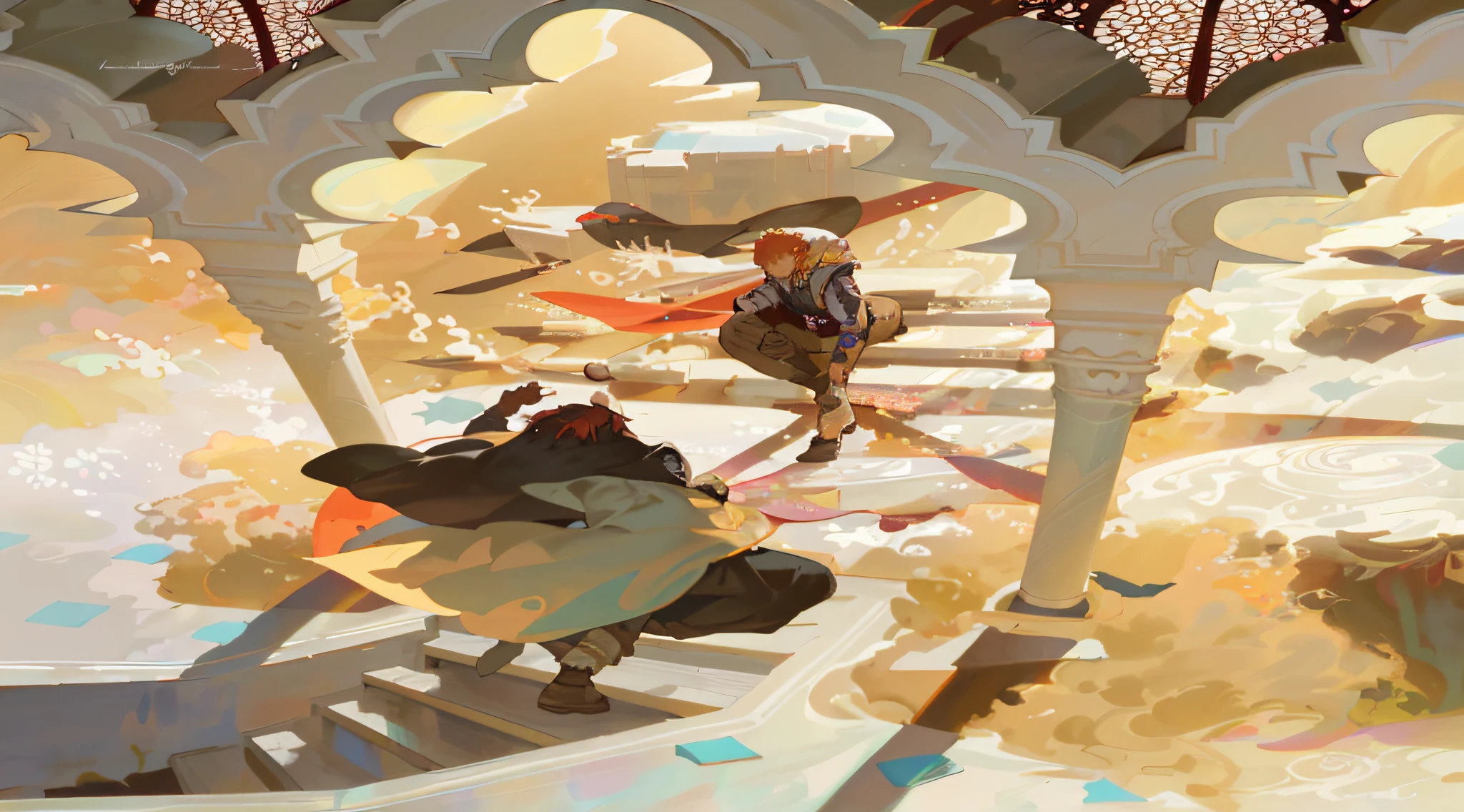 A long ladder with Krentz Kusart and Artem Demula, Michael Whelan and Tomer Hanuka, Guvez style artwork, Krentz Kusart and Arthur Duran, digital concept art illustration, J.C. Leyendecker and Sachin Teng, Krentz Kusart and Lin Wenjun --auto --s2