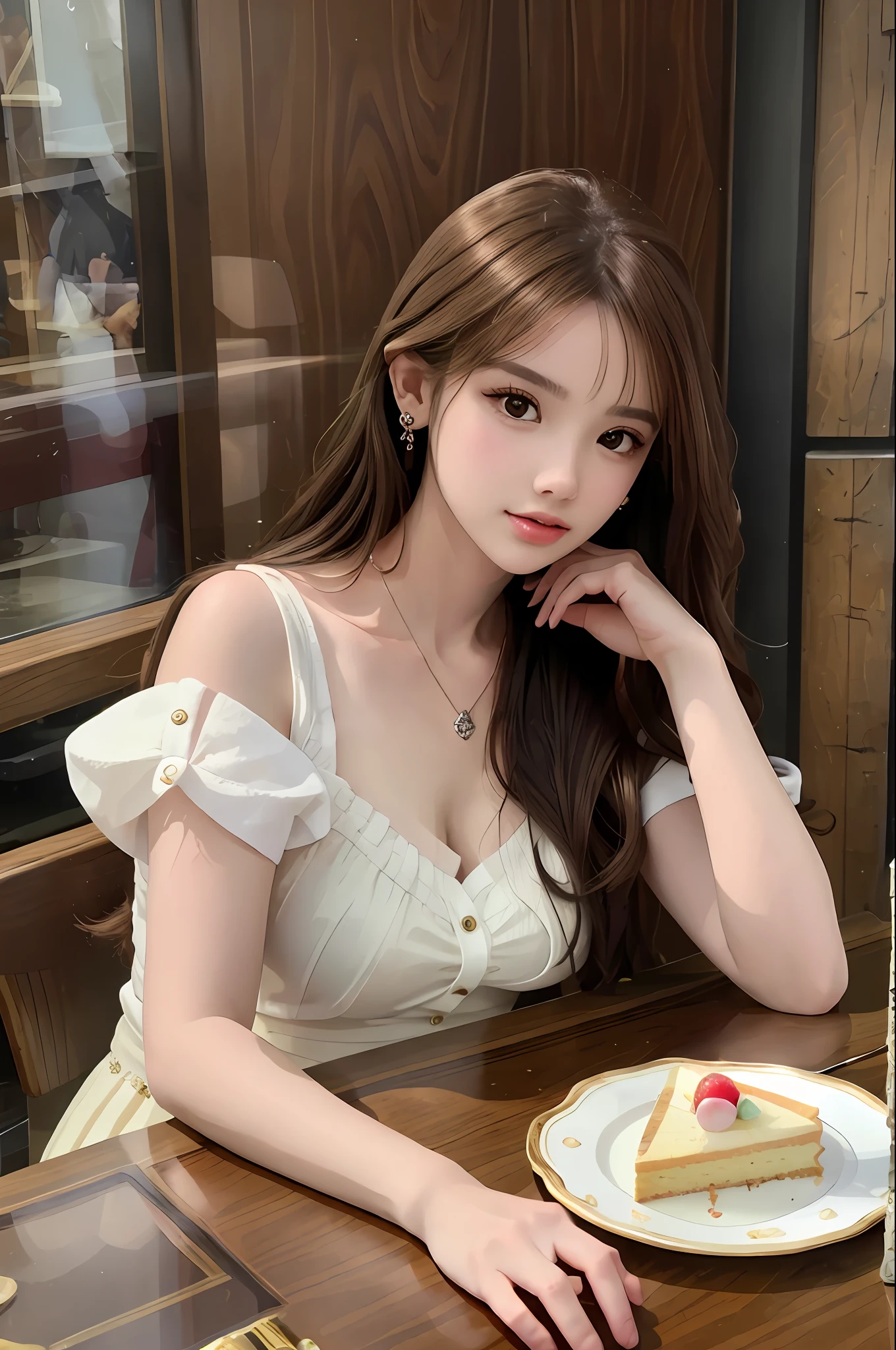 Best quality, masterpiece, super high resolution, (realistic: 1.4), original photo, 1 girl, hairpins, earrings, jewelry, brown hair, looking at the audience, lips, playful, sitting at a table with a piece of triangular delicious cake on the table