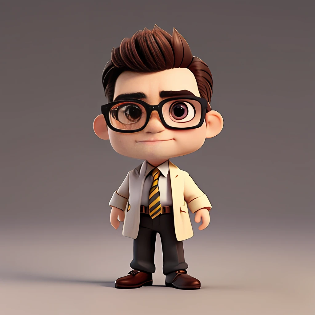 Cute small 38-years-old male investor , huge head, shot Undercut hair , wearing Round gold thin frame glasses, highly detailed eyes，front-facing, fit, looks like a boss, full body view, highly detailed hands ，Toy figures,best quality, 3d cartoon，full body view, fantasy, dreamlike, surrealism, super cute, trending on artstation