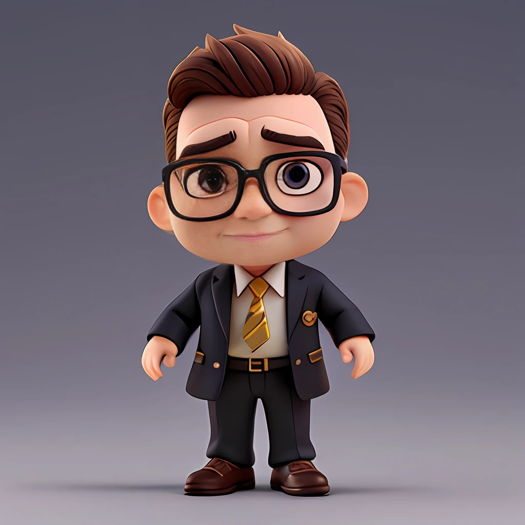 Cute small 38-years-old male investor , huge head, shot Undercut hair , wearing Round gold thin frame glasses, highly detailed eyes，front-facing, fit, looks like a boss, full body view, highly detailed hands ，Toy figures,best quality, 3d cartoon，full body view, fantasy, dreamlike, surrealism, super cute, trending on artstation