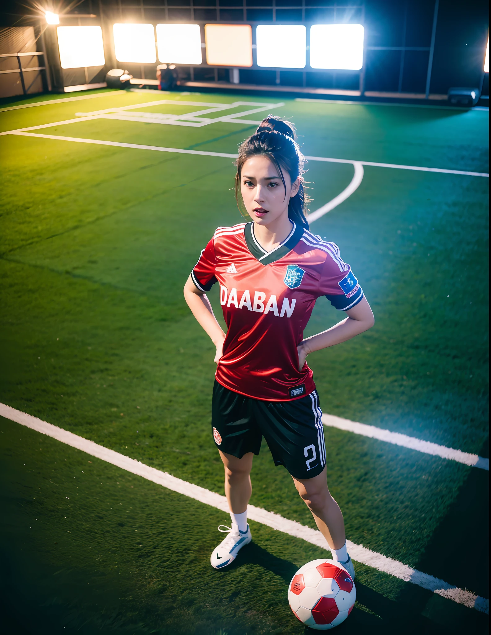 women playing football with sexy football shirt, cinematic lighting hyper realistic super details, ,8k resolution, from above view, cinematic atmosphere, dream atmosphere, drama look,