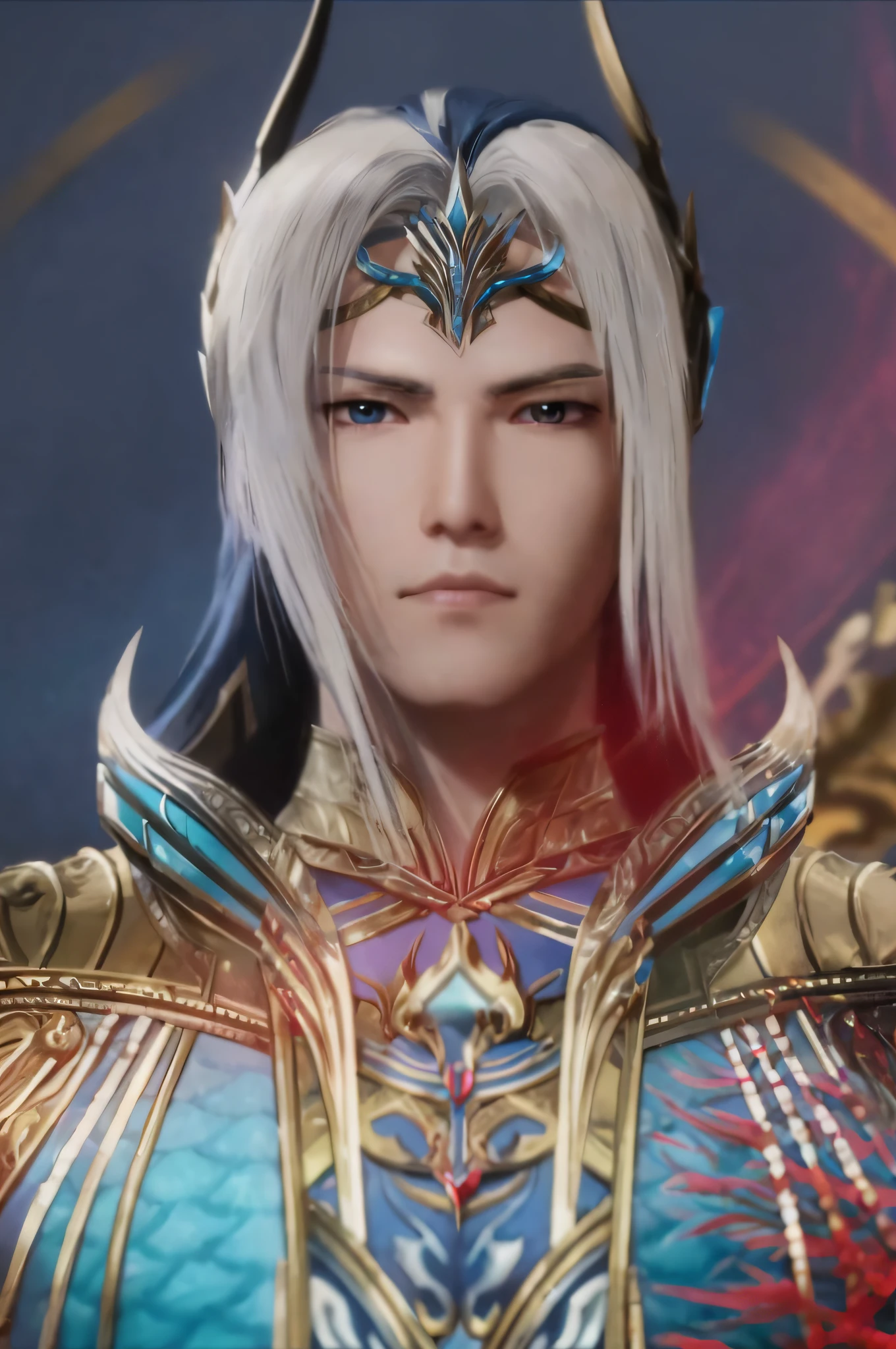 a close up of a person with a white hair and a blue dress, zhao yun, lineage 2 revolution style, unreal engine render saint seiya, dynasty warriors, beautiful androgynous prince, 4 k detail fantasy, from lineage 2, shadowbringers cinematic, portrait of dragoon, heise jinyao, loong, elven character with smirk