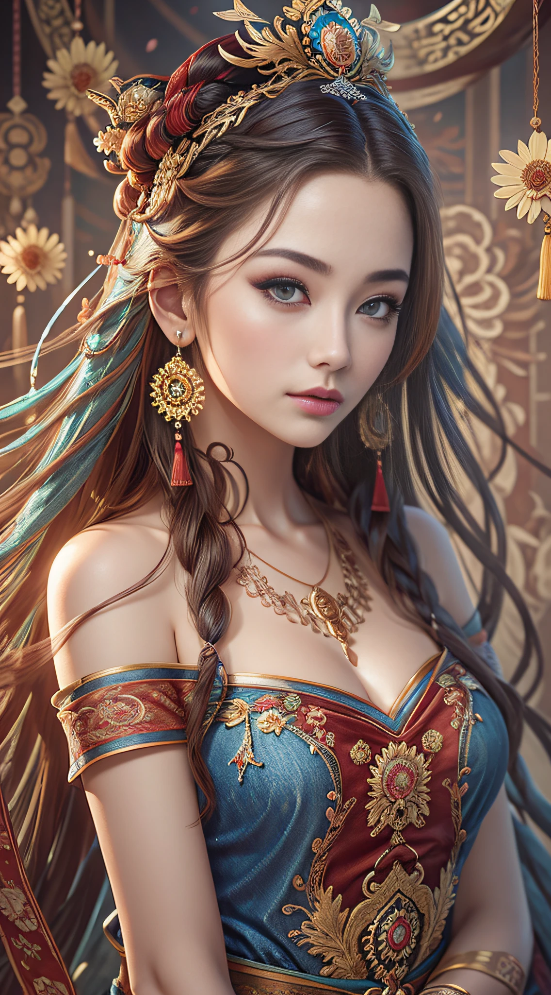 Best quality, masterpiece, ultra-detailed high resolution, (realistic: 1.4), original photos, illustrations,
1 Girl Holding Weapon, (Solo Exhibition: 1.2), (Denim Lens: 1.2), (Hair Crown: 1.2), Chinese Dunhuang Traditional Costume, No Straps, (Red Eyeliner: 1.2), (: 1.4), Earrings, Dynamic Angle, Opera House, messy_long_hair, Ink, Movie Lights, lens_flare, Velvet, Chrysanthemum, Tassels, Ribbons, Color Embroidery,