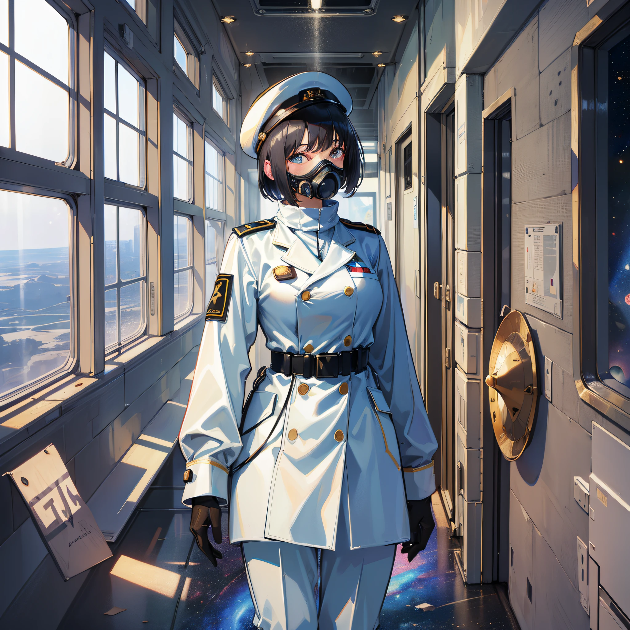 (Masterpiece)), ((highest image quality)), ((highest image quality)), (illustration of one girl), full body, 25 years old, (admiral), black hair bob cut, (((gas mask covering face)), ((tall)), ((army uniform)), ((military uniform)), (military uniform)), (military hat)), (military cap)), army coat, ((white clothing)), ((white pants)), (((white hat)), trench coat, (( ( Inside the spaceship)), (outside the window, space, Earth seen from space,)