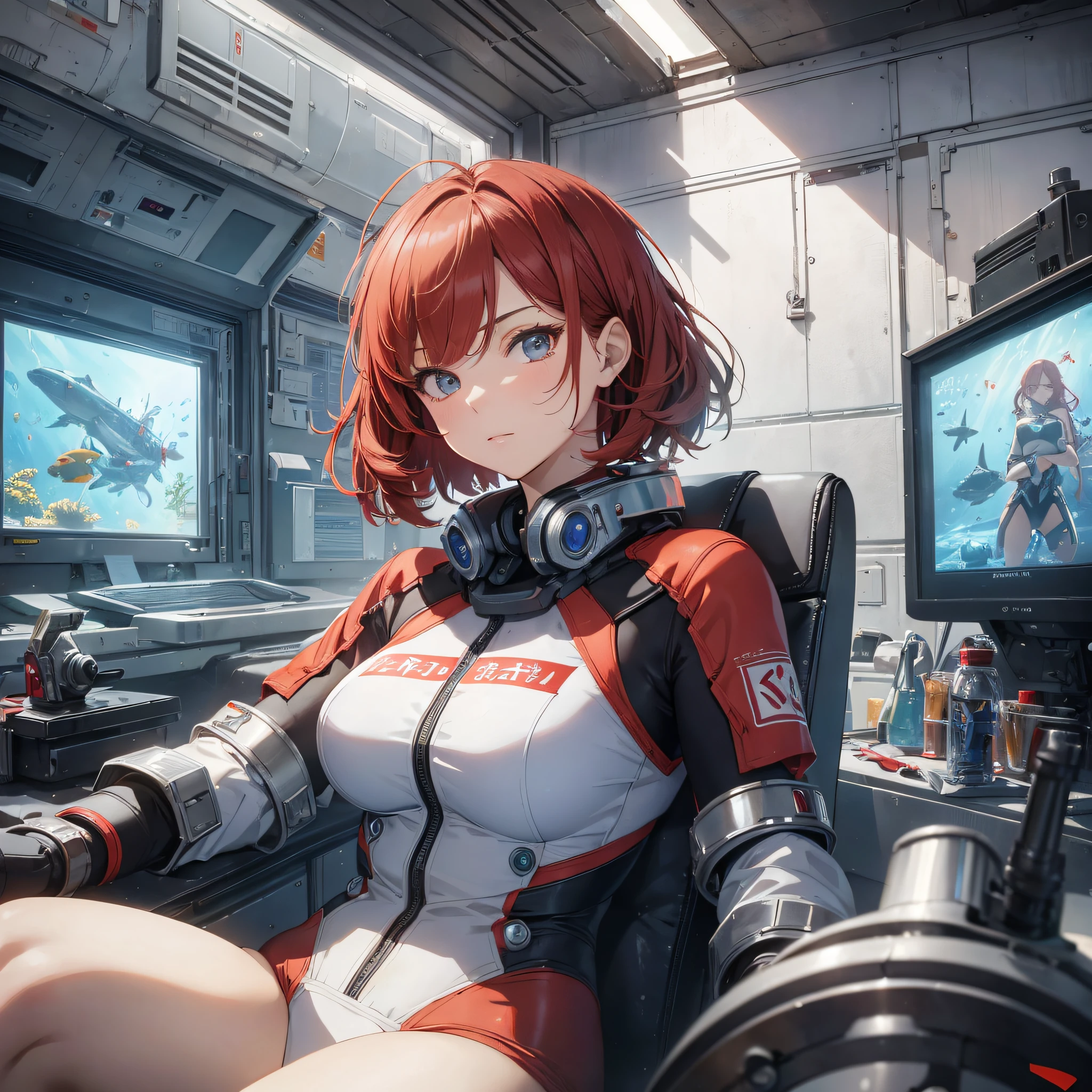 Absurd resolution, high resolution, (masterpiece: 1.4), hyper-detail, ung woman, short red hair, guard suit, rich princess, sitting in an extremely narrow and closed mecha control room, serious expression (1.3), operation, underwater world outside the window (1.2)