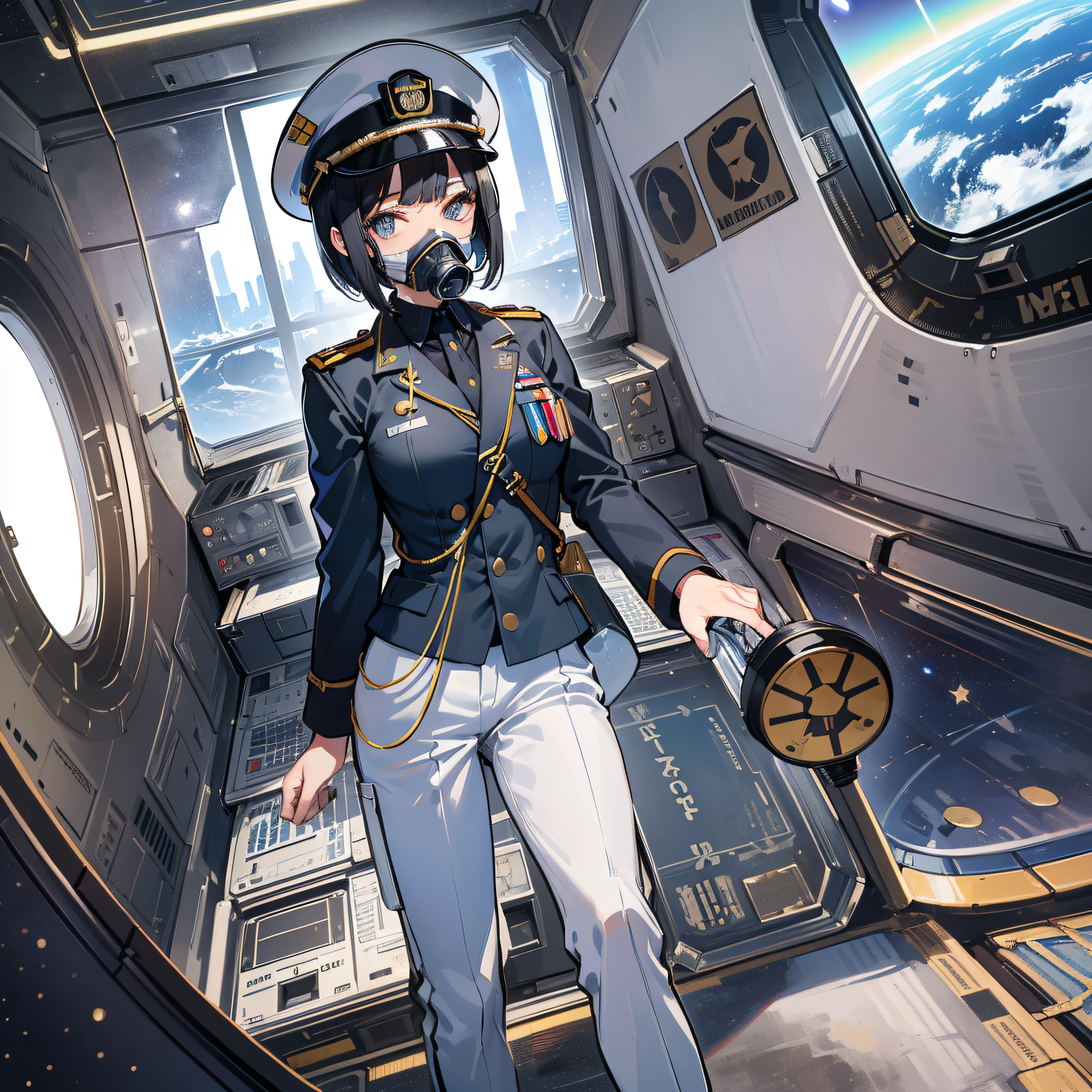 (Masterpiece)), ((highest image quality)), ((highest image quality)), (illustration of one girl), full body, 25 years old, (admiral), black hair bob cut, (((gas mask covering face)), ((tall)), ((army uniform)), ((military uniform)), (military uniform)), (military hat)), (military cap)), army coat, ((white clothing)), ((white pants)), (((white hat)), trench coat, (( ( Inside the spaceship)), (outside the window, space, Earth seen from space,)