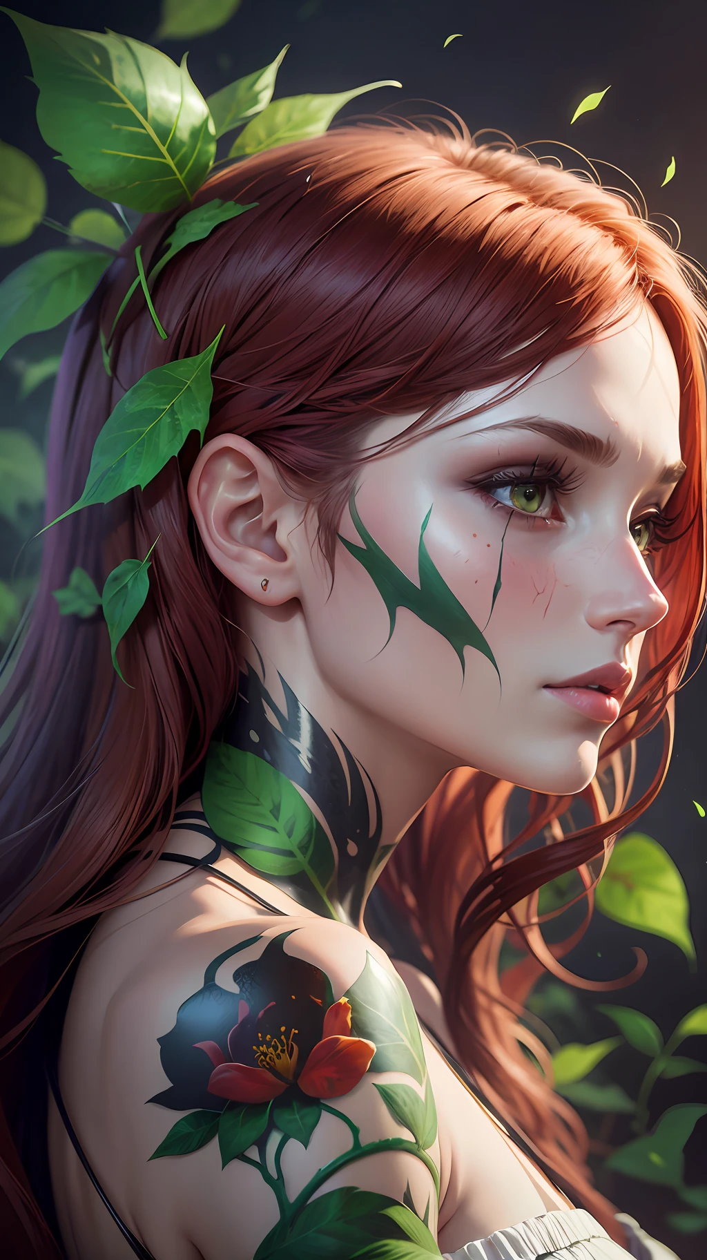 Abstraction from the profile of the face of a beautiful girl and poison ivy, the skin of the face is tattooed with poison ivy, flowers, triple exposure, the girl's skin is completely composed of poison ivy leaves, dark fantasy, high detail, high quality, hyperrealism, CGI, 8K, clear focus. --auto --s2