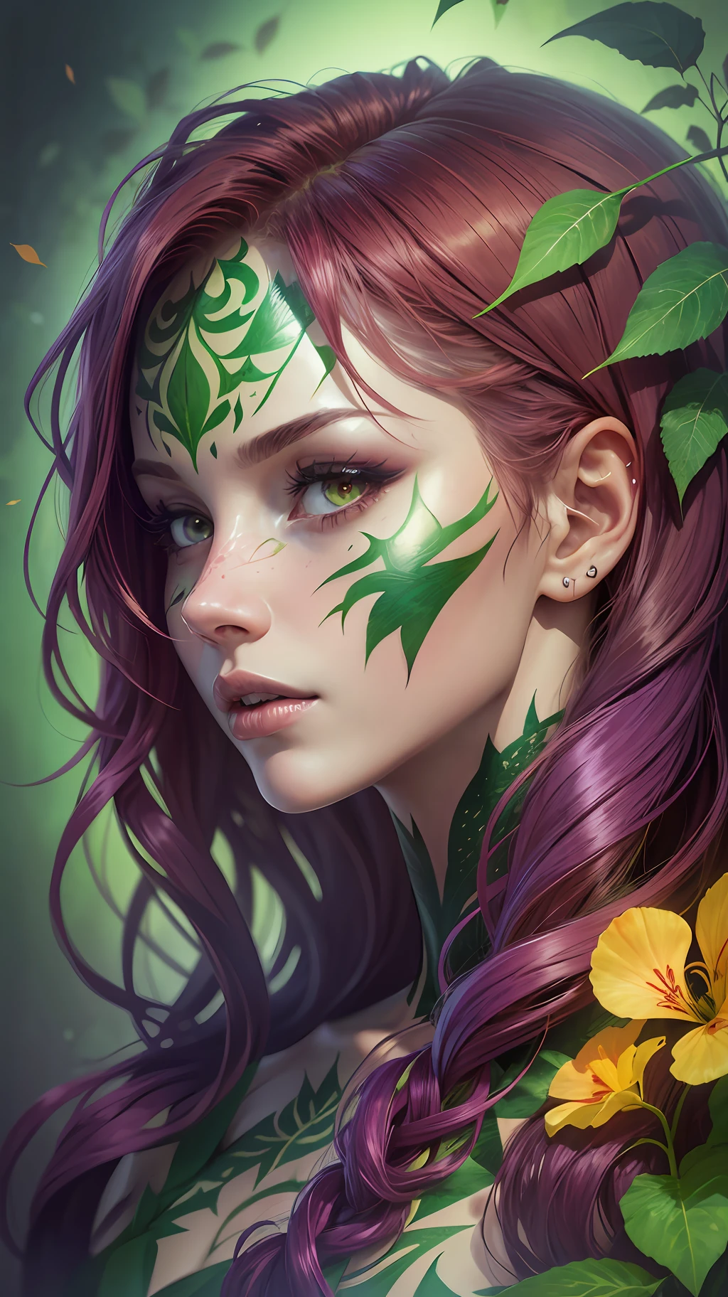 Abstraction from the profile of the face of a beautiful girl and poison ivy, the skin of the face is tattooed with poison ivy, flowers, triple exposure, the girl's skin is completely composed of poison ivy leaves, dark fantasy, high detail, high quality, hyperrealism, CGI, 8K, clear focus. --auto --s2