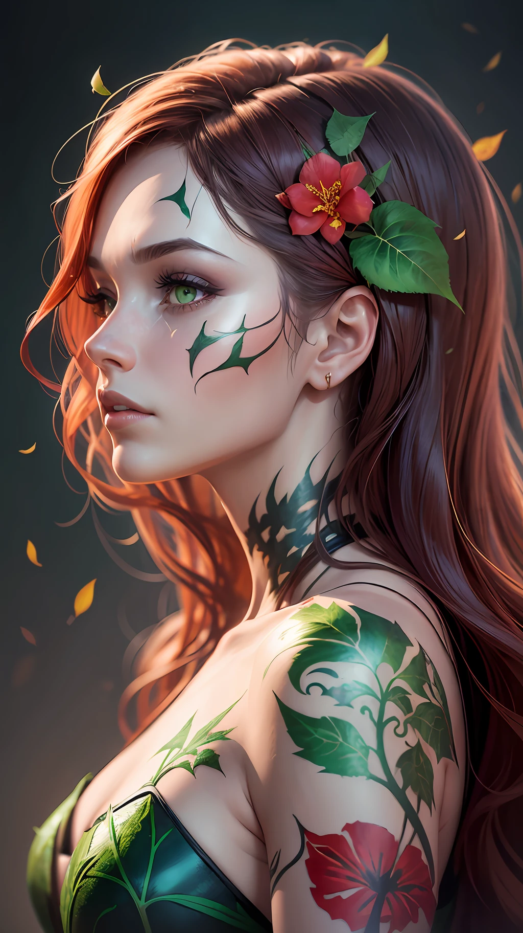 Abstraction from the profile of the face of a beautiful girl and poison ivy, the skin of the face is tattooed with poison ivy, flowers, triple exposure, the girl's skin is completely composed of poison ivy leaves, dark fantasy, high detail, high quality, hyperrealism, CGI, 8K, clear focus. --auto --s2