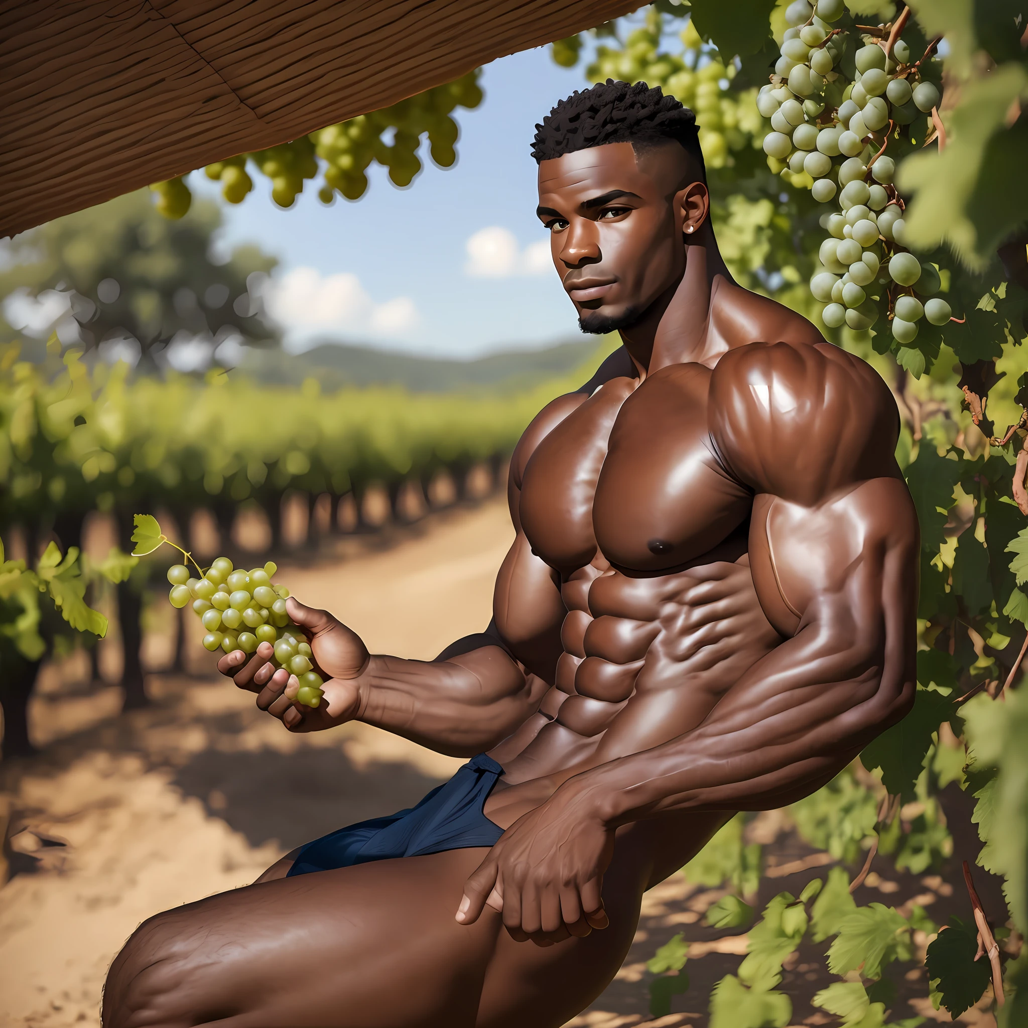 (en) Shirtless, muscular male african bodybuilder picking delicious green grapes at a stunning vineyard. The sweat glistening on his skin adds to the allure of this scene. --auto --s2