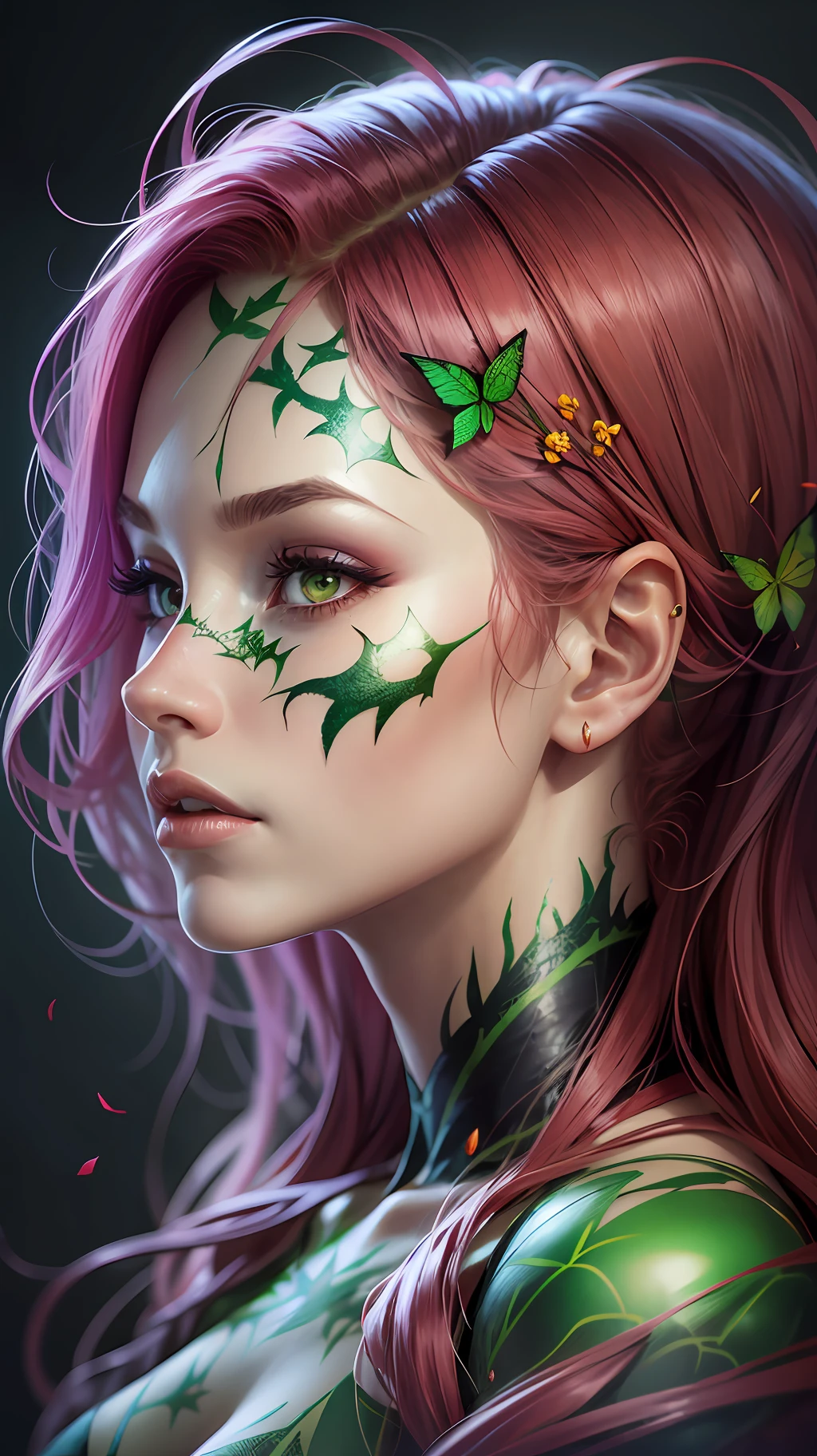 Abstraction from the profile of the face of a beautiful girl and poison ivy, the skin of the face is tattooed with poison ivy, flowers, triple exposure, the girl's skin is completely composed of poison ivy leaves, dark fantasy, high detail, high quality, hyperrealism, CGI, 8K, clear focus. --auto --s2