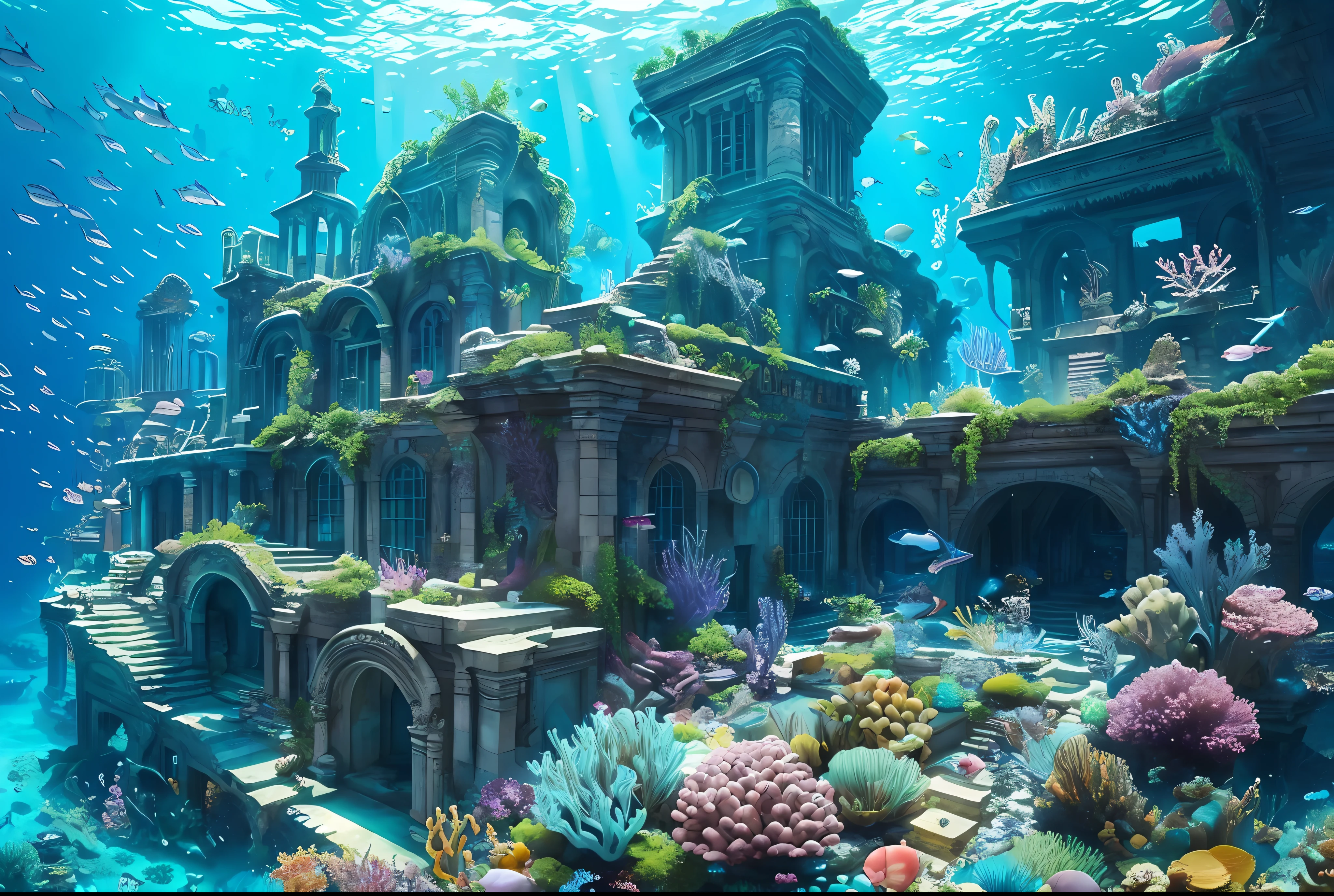 Underwater world deep sea, epic reality, (hdr: 1.4), dappled sunlight, cool colors, ancient ruins, underwater cities, marine life-type houses full of design sense, fantastic and incredible, epic composition, (complex details), (Complicated Detail, Ultra Detail: 1.2), Art Station, Movie Clip, Complex Background, (Masterpiece, Best Quality) --v 6