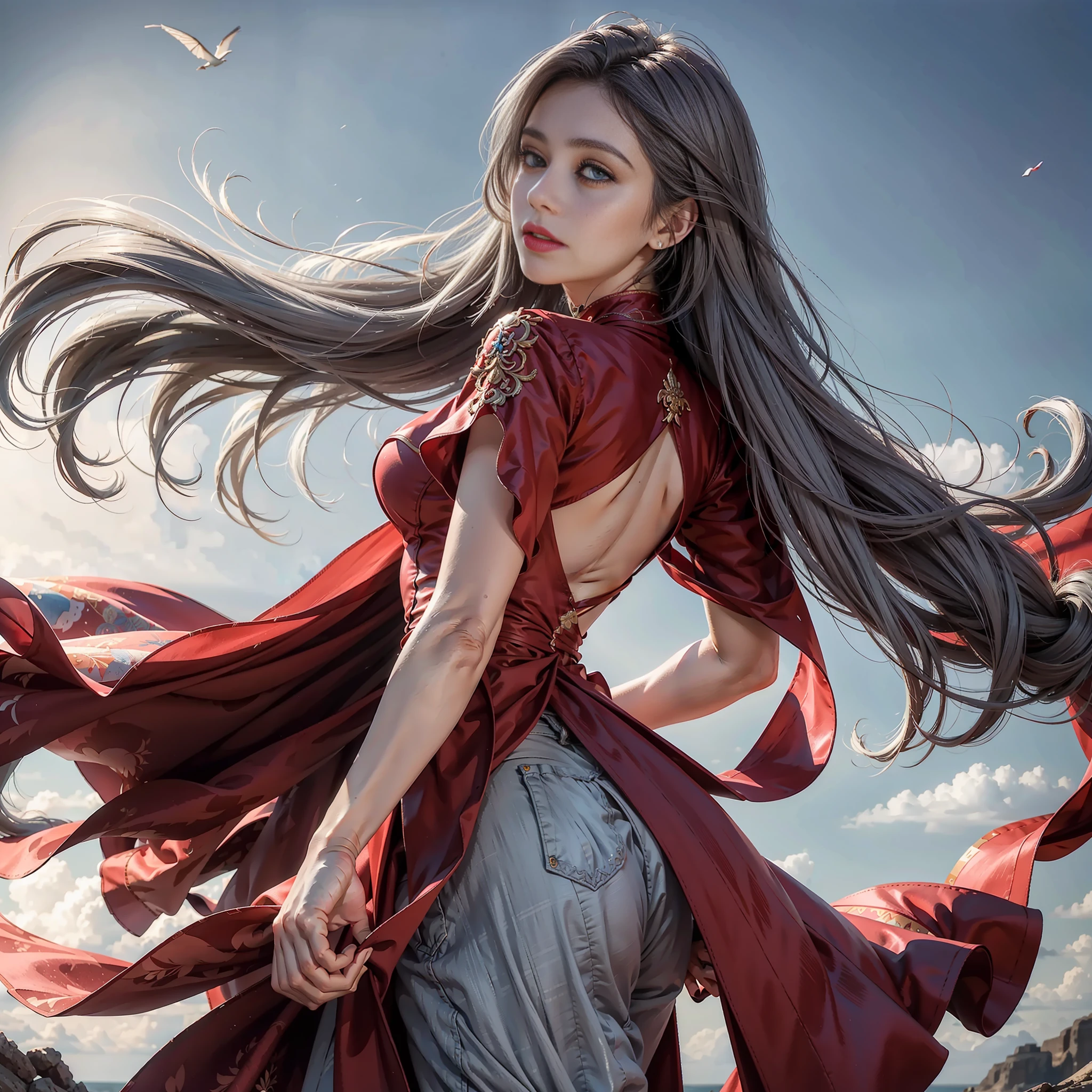 38 year old beauty, arms wide spread, high place, back figure pointing upwards, back figure, looking up at the heavens, wide open hands, red fantastic clothes, towards the sky, super detailed watercolor, fantastic background, wind is blowing from her front, beautiful long gray hair is fluttering behind her, very strong wind, beautiful, very detailed gray hair, back figure, super realism, insanely detailed, beautiful fingers, beautiful hands,
