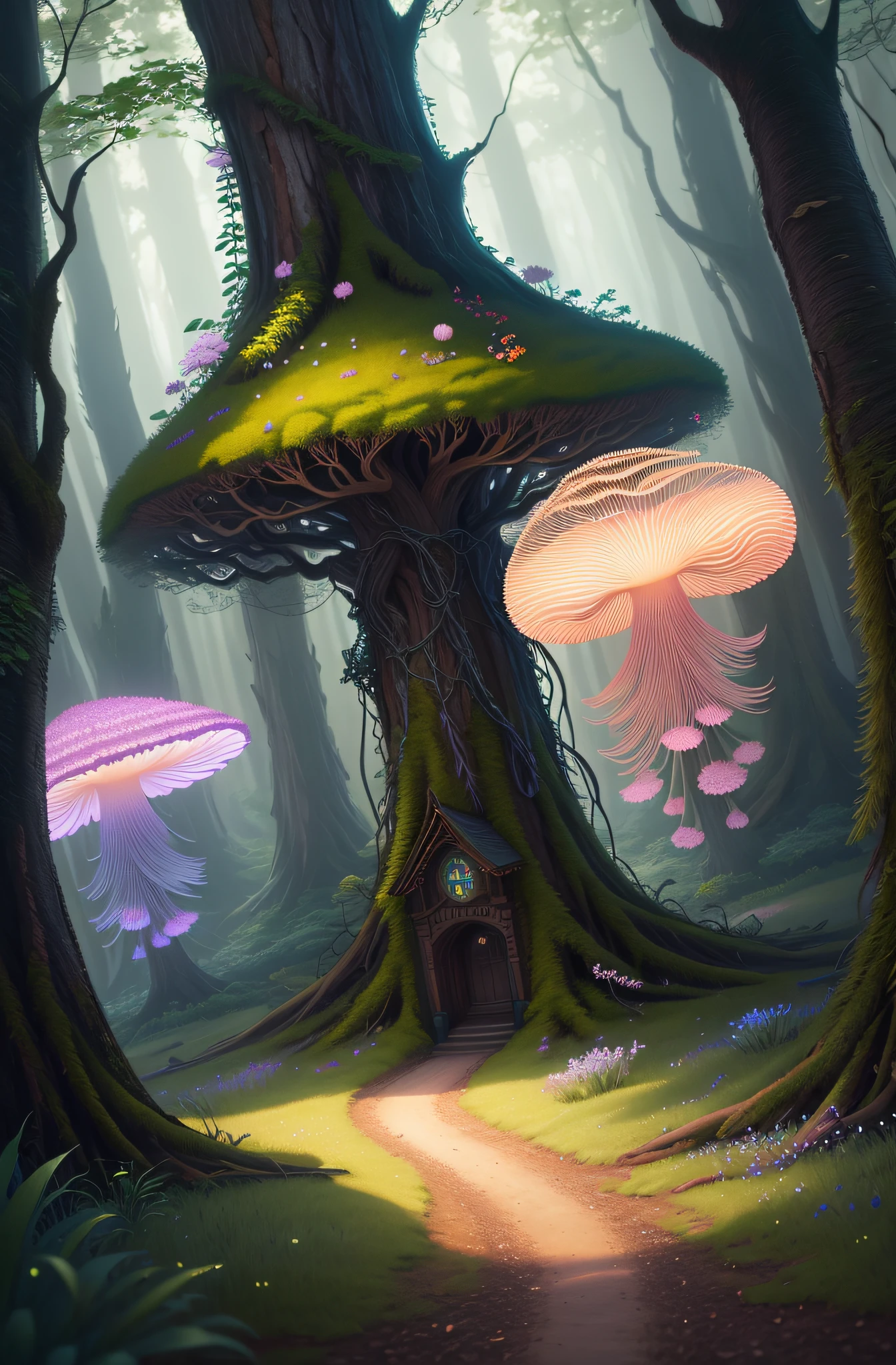 masterpiece, best quality, high quality,extremely detailed CG unity 8k wallpaper, An enchanting and dreamy scene of a fantasy forest, with towering trees, glowing mushrooms, and hidden fairy glens, creating a sense of mystique and enchantment, artstation, digital illustration, intricate, trending, pastel colors, oil paiting, award winning photography, Bokeh, Depth of Field, HDR, bloom, Chromatic Aberration ,Photorealistic,extremely detailed, trending on artstation, trending on CGsociety, Intricate, High Detail, dramatic, art by midjourney