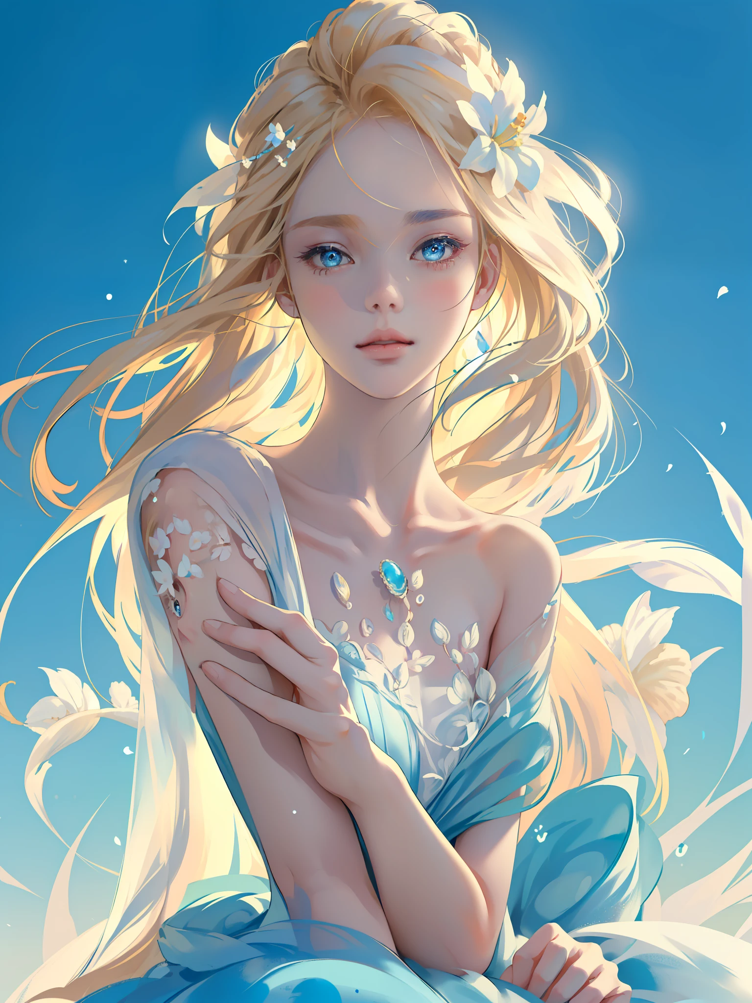 (((Masterpiece)), high quality, super detailed, blonde hair + blue clothing: 1.2, sweet and delicate girl, delicate facial features, perfect figure, no hands, half body, bubbles around, bright bright colors, pearl white background, romantic long hair, shell decoration, natural light, warm and sweet, blue eyes, flower hair decoration.
