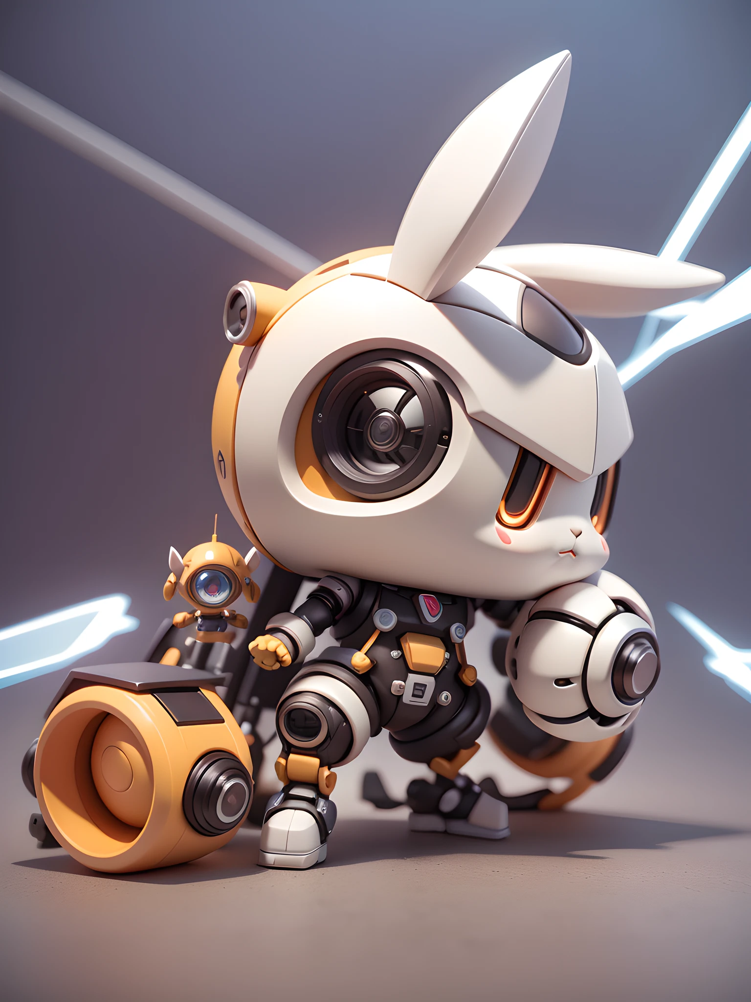 (Mechanical, Bunny: 1.331), (Mechanical Bunny Tail), Cute Style, Small, Big Head, (Hot Wheels: 1.331), 3D Rendering, ((Q Version)), Pokémon Style, Machine Style, Cinematic Texture, Figure, Pokémon, Movie Lights, Heavy Robotic Arm, Mechanical Belly, Mechanical Legs, Mechanical Legs, Mechanical Sense, Background Surround Lightning, Lightning, Cool, Clean White Background, Ray Tracing, Premium Colors, Full Body 3D Model, Action, Stylish Blind Box Toys. (fill body:1.2)，chibi