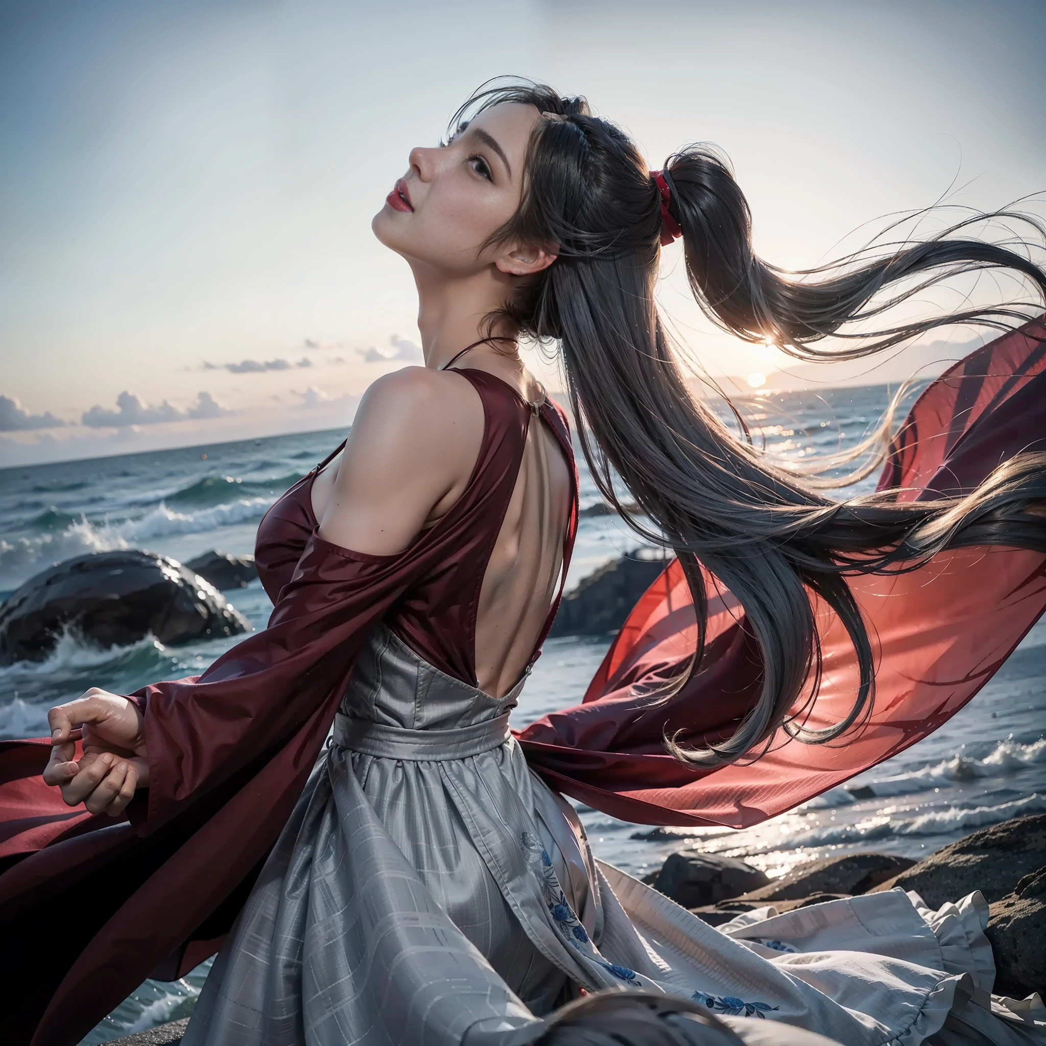 38 year old beauty, arms wide spread, high place, back figure pointing upwards, back figure, looking up at the heavens, wide open hands, red fantastic clothes, towards the sky, super detailed watercolor, fantastic background, wind is blowing from her front, beautiful long gray hair is fluttering behind her, very strong wind, beautiful, very detailed gray hair, back figure, super realism, insanely detailed, beautiful fingers, beautiful hands,