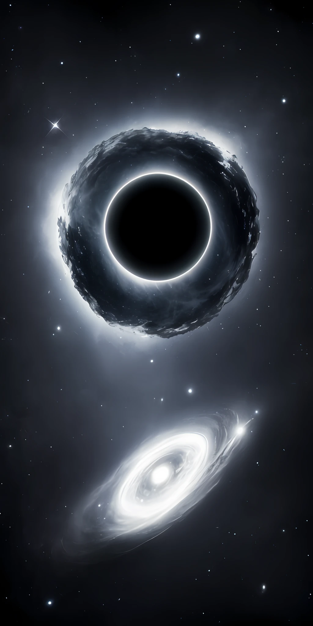 Universe, deep space, mysterious, eerie, black gray, gloom, a black hole above,