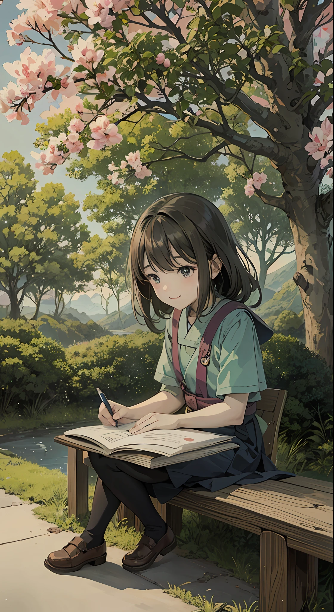 16 years old, anime girl writing book on wooden bench with a tree in the background, anime visual of cute girl, digital anime illustration, beautiful anime art style, anime style illustration, anime style. 8k, soft anime illustration, official art, anime illustration, art style in bovot, Ghibli anime style, anime art style, black hair, smile, Ghibli-like color, UHD