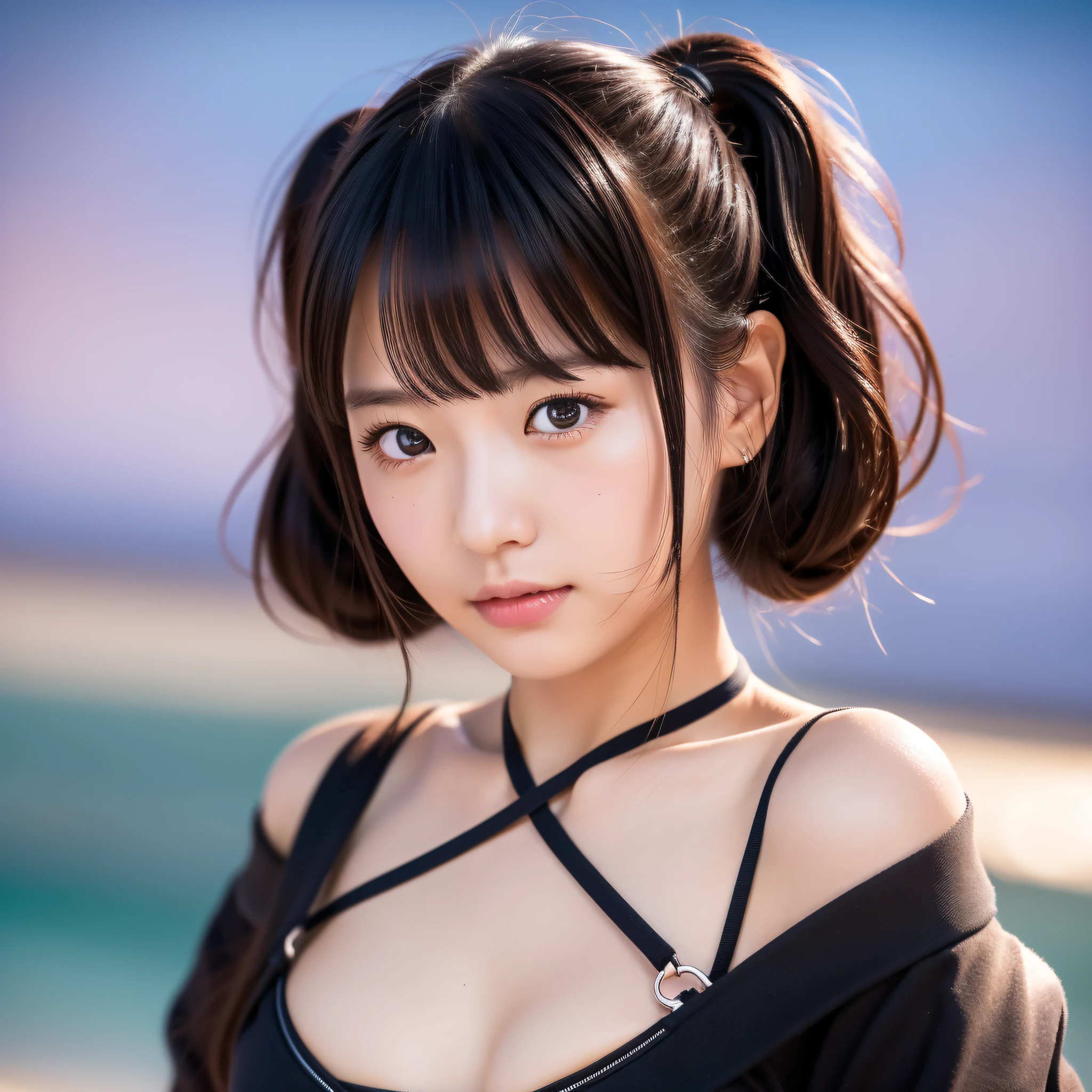 ((Best Quality, 8K)), Beach, Beautiful Girl, Cinema Lighting, Idol, Japan Person, See, Black Eyes, Small, Black Hair, Twin Tails, No Makeup, Detailed Skin, Sexy, Cute Face, Detailed Eyes, Bikini, Background Blur