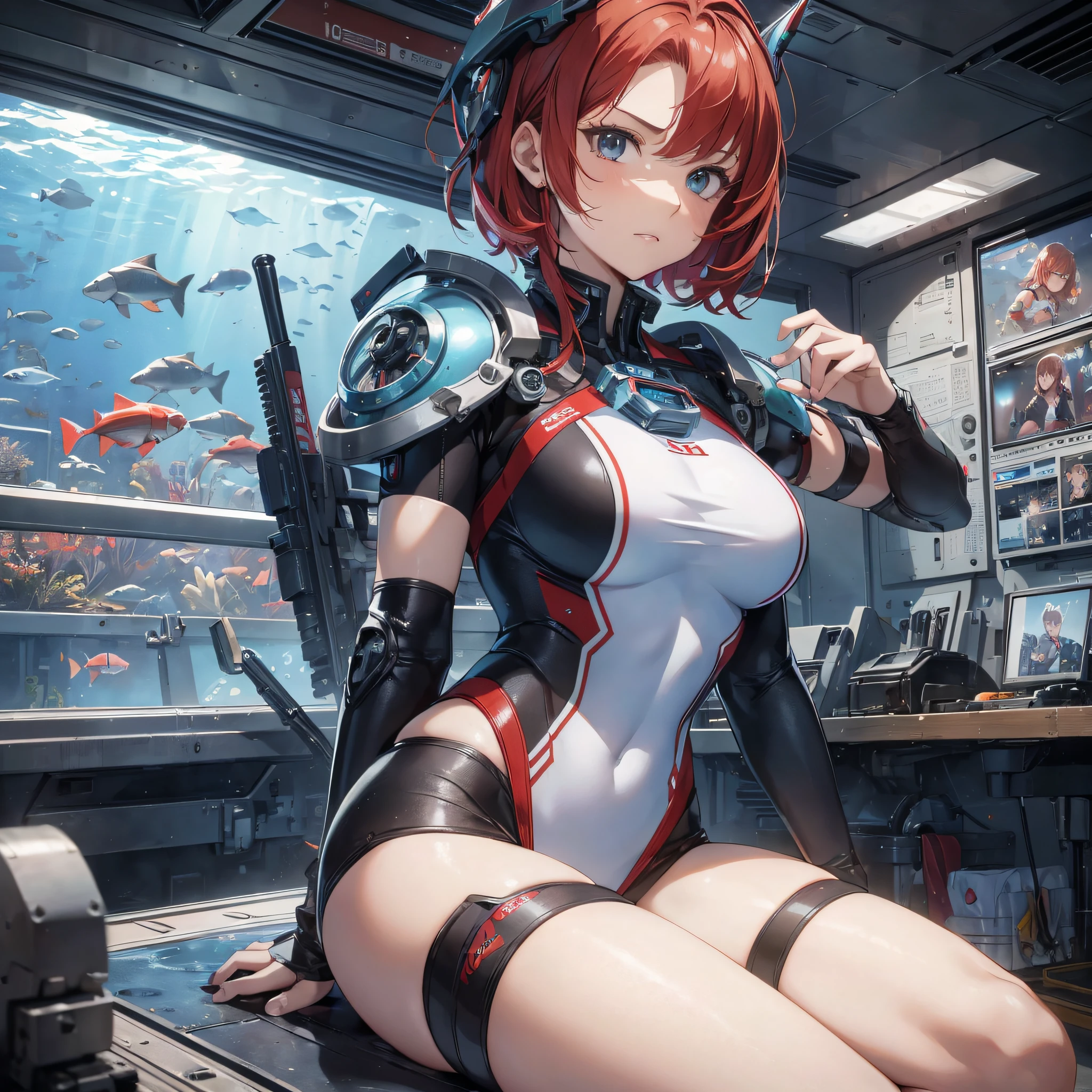 Absurd resolution, high resolution, (masterpiece: 1.4), hyper-detail, 1 young woman, short red hair, guard suit, rich princess, sitting in an extremely narrow and closed mecha control room, serious expression (1.3), operation, underwater world outside the window (1.2)