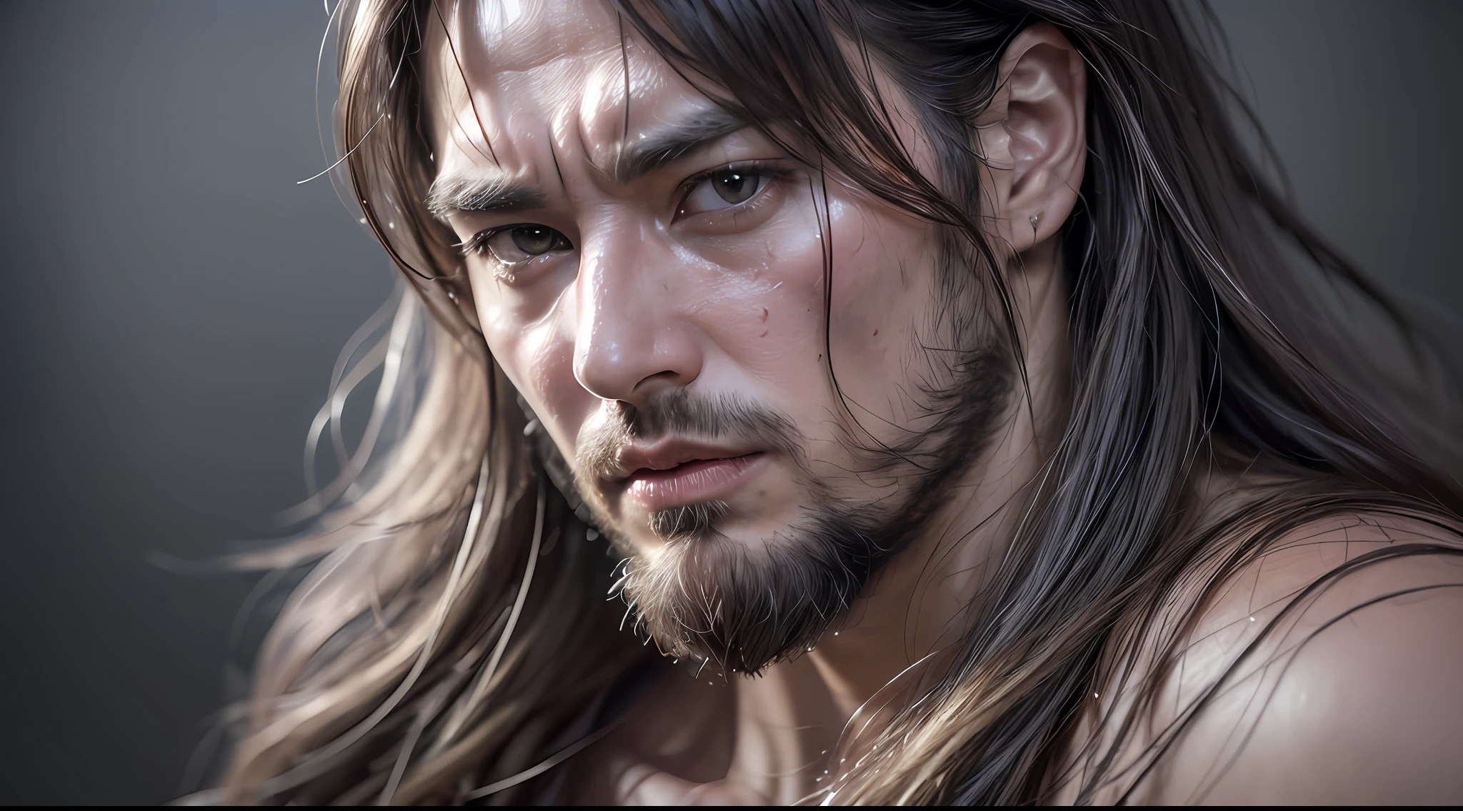 (Cinematic Photo:1.3) from (Ultra detailed:1.3) photo of the world's most beautiful artwork with soft glossy, ((heroic fantasy epic muscular rough wet man wounded hero angry look with long hair and long beard and fierce look in a dynamic posture)), chest, full face,(dark background:1.4) (realistic epic, hdr, intricate details, hyperdetailed, cinematic, rim light, muted: 1.5), ((fantastic location, majestic cluttered environment)), skin pores, very dark lighting, heavy shadows, detailed and detailed face, (realistic photo, dramatic, dark, sharp focus, 8k), (damaged old damaged leather dress: 1.5), (intricate: 1.4), decadent, (highly detailed: 1.4), octane rendering, sharp focus, heavy rain, floating particles, (Cinemacolor:1.3)