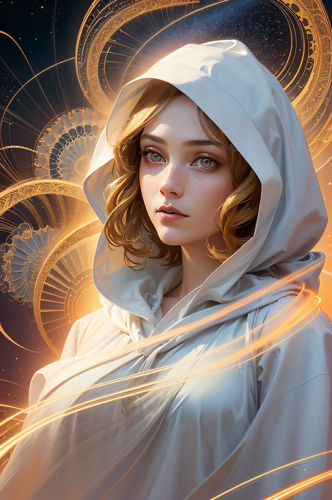 (masterpiece, top quality, best quality, official art, beautiful and aesthetic:1.2), (1girl), extreme detailed eyes, (fractal art:1.3), colorful, highest detailed, (perfect face), shiny skin, HDR, (white cloak golden lines:1.2), galaxy, (light streaks), striking visuals, (dynamic streaks, luminous trails:1.2), vibrant colors, (phoenix), (dragon)