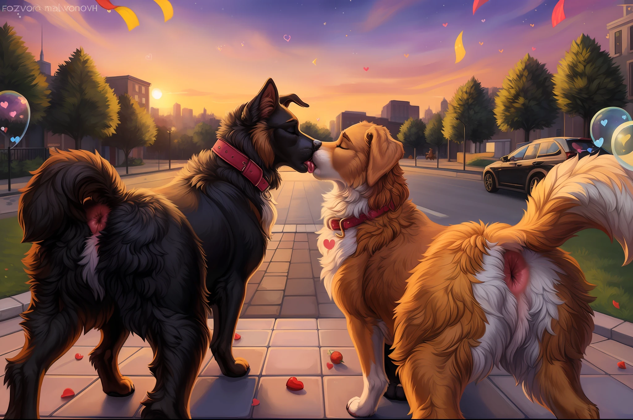 🔫, (fur:1.5), (fuzzy:1.5), (2 dogs), ear accessory, (feral:1.6), CANINE, city, sidewalk, dog park, domestic dog, saluki, terrier, collie, golden retriever, (whiskers), big butt, buttcrack, long snout, long ears, anatomically correct, (detailed lips wrinkle), female/female, (((very romantic aggressive deep intense exciting kissing makeout session))), ((((('S' line forming between lips))))), pink collar, tailwag, being against each other, backbreaking hugging, by foxovh, by reallynxgirl, isometric view, full-length portrait, sunset clouds, stars, sparkles, bubble, (floating hearts), food, fruit, wine, confetti, light beams, legs in water, absurd res, (), (ANUS:1.4),