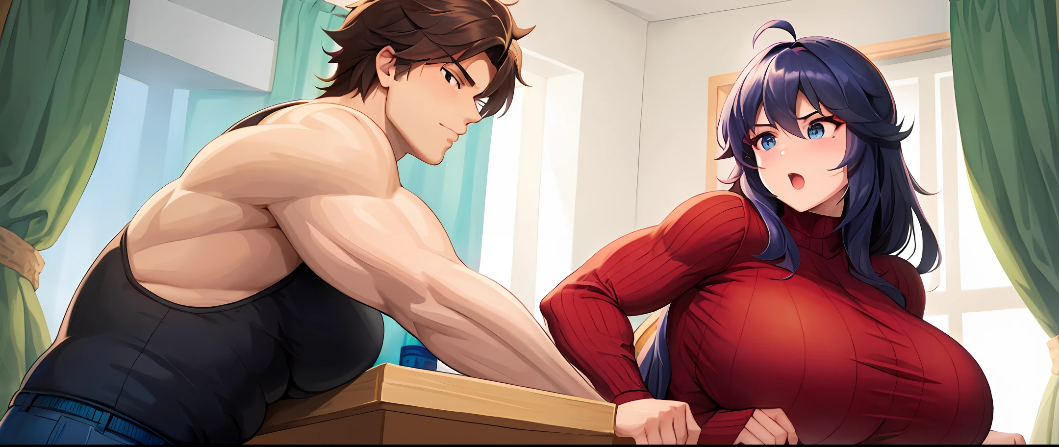 A handsome and muscular boy and a girl with fat breasts and buttocks, the boy grabbed the girl's big breasts with one hand and reached into the girl's ass with the other hand, and the girl had a very enjoyable expression