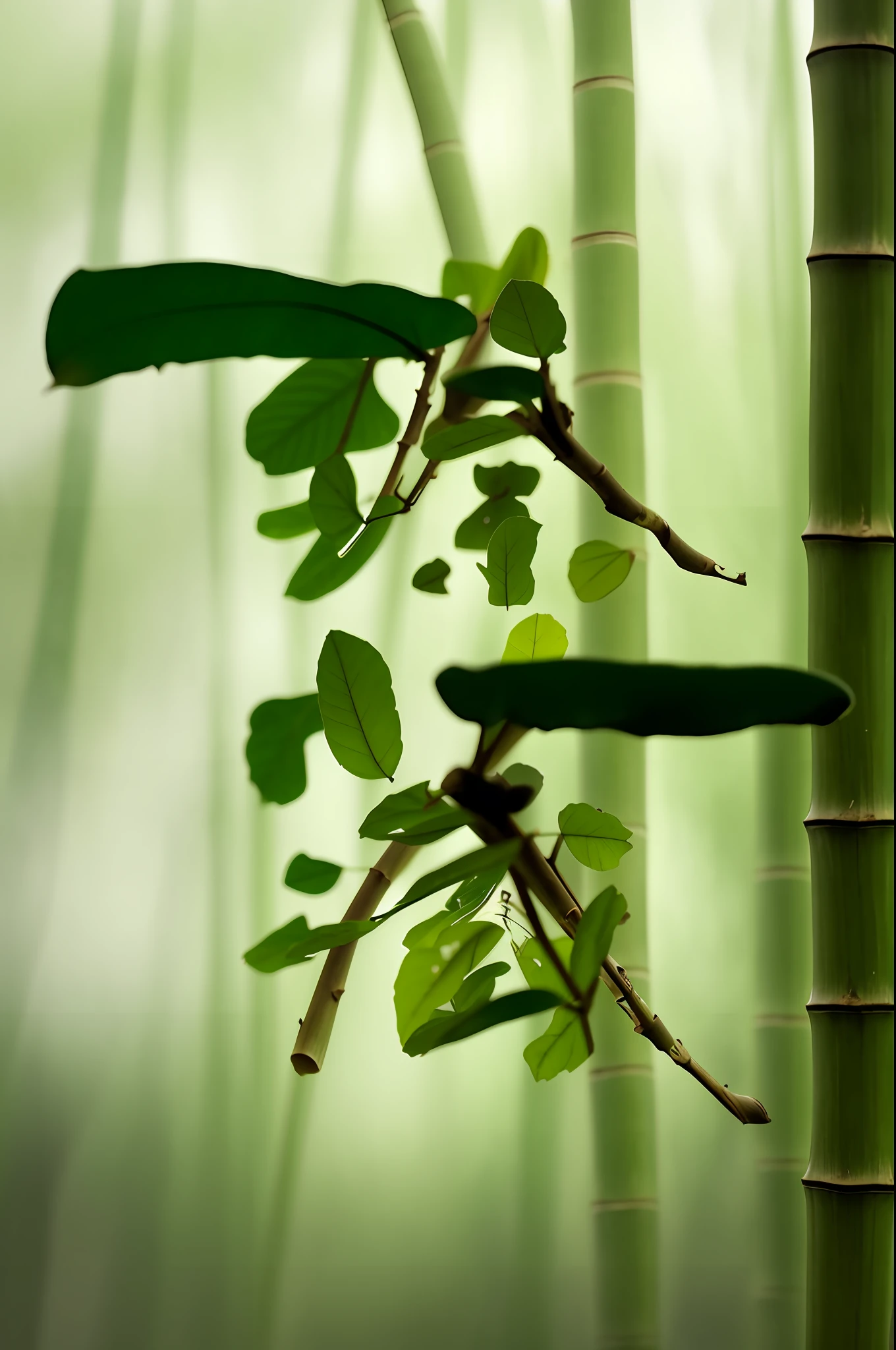 Overlook, bamboo forest, bamboo leaves, raindrops, fog, clouds, (intricate details), HDR, (intricate details, hyperdetailed: 1.2), cinematic lenses, light and shadow, texture, centered
