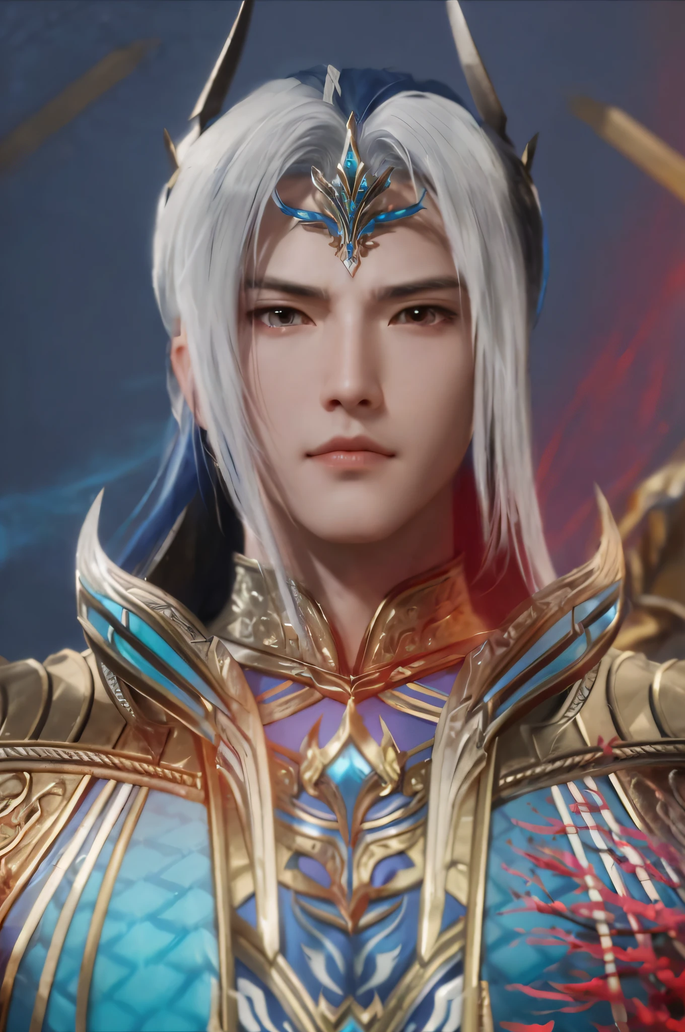 a close up of a person with a white hair and a blue dress, zhao yun, lineage 2 revolution style, unreal engine render saint seiya, dynasty warriors, beautiful androgynous prince, 4 k detail fantasy, from lineage 2, shadowbringers cinematic, portrait of dragoon, heise jinyao, loong, elven character with smirk