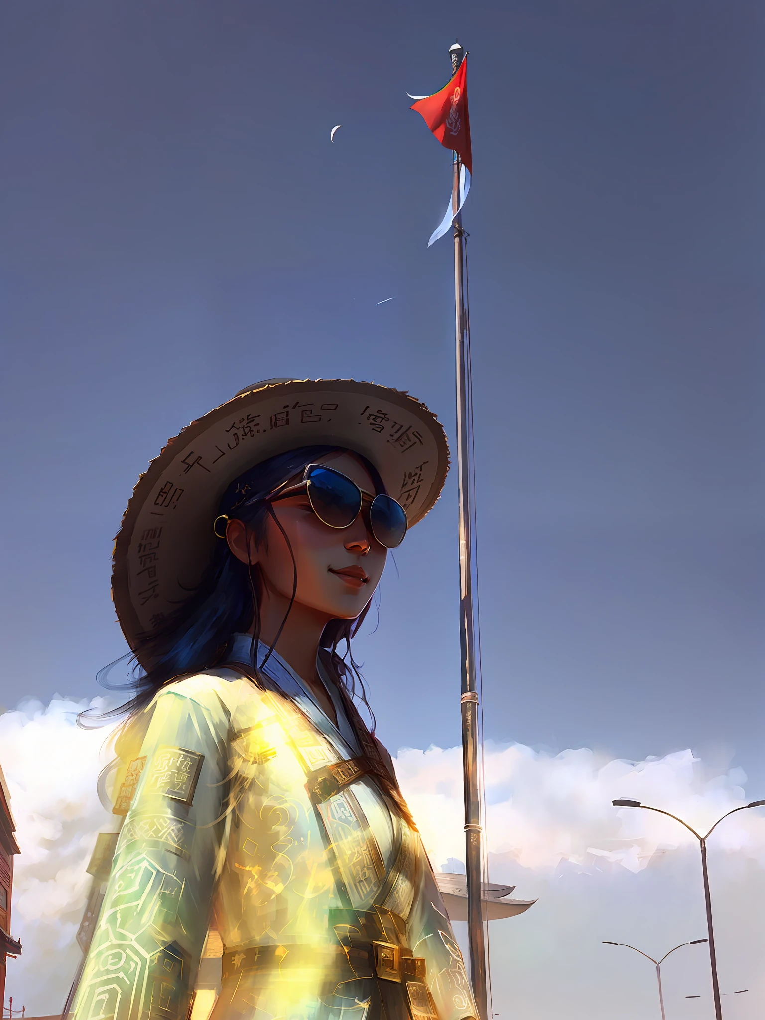 There is a cowgirl wearing a hat and sunglasses standing in front of a flag, Chen Xintong, Jin Yiwei, wearing sunglasses and a hat, wearing a cowboy, cowgirl, very, very high quality pictures, western cowboys, Hanfu, high quality, clear sky, smile