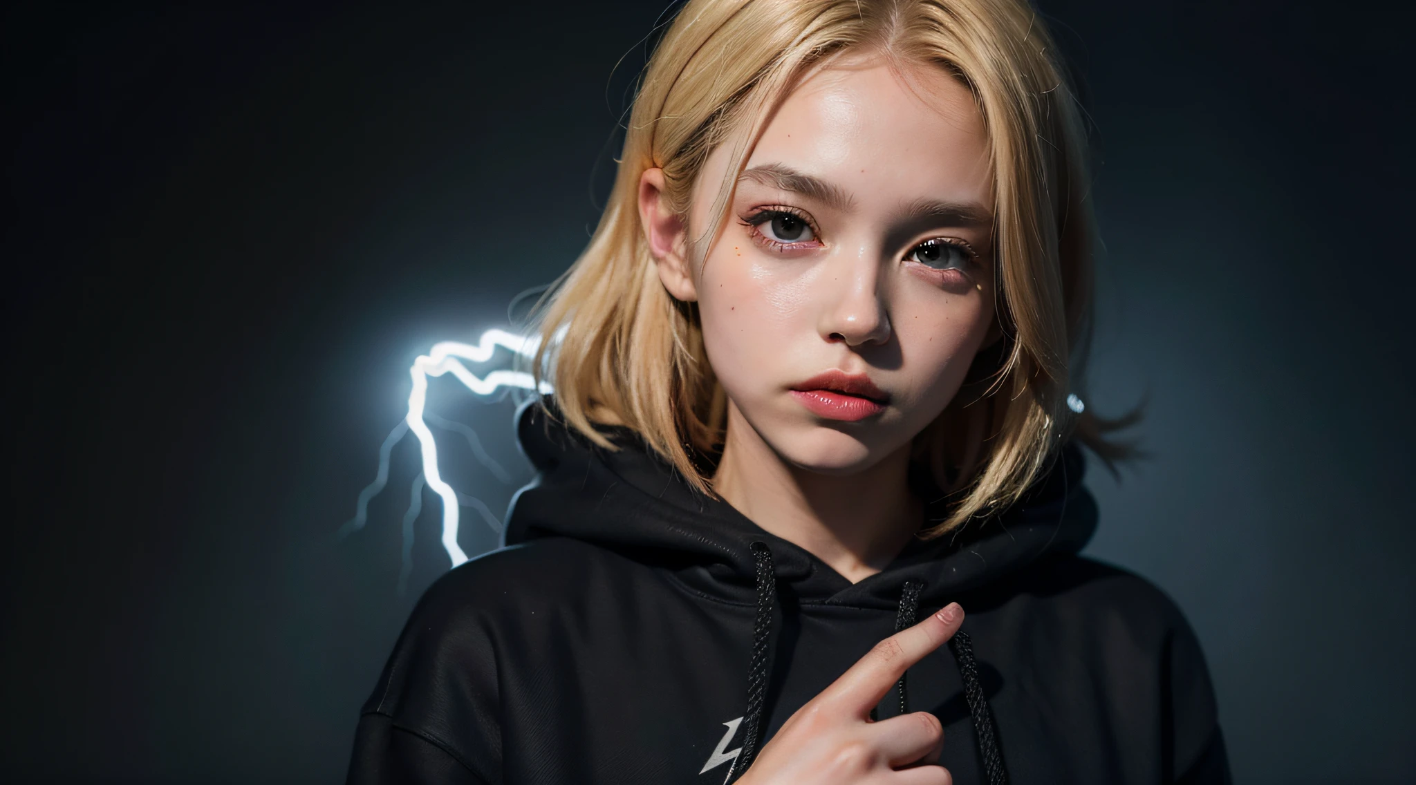 12 year old blonde girl, a portrait, wearing a black hoodie and letting out lightning bolts with her fingers, real UHD, real life, masterpiece, ccurate, textured skin, super detail, best quality, high quality, high details, 4K