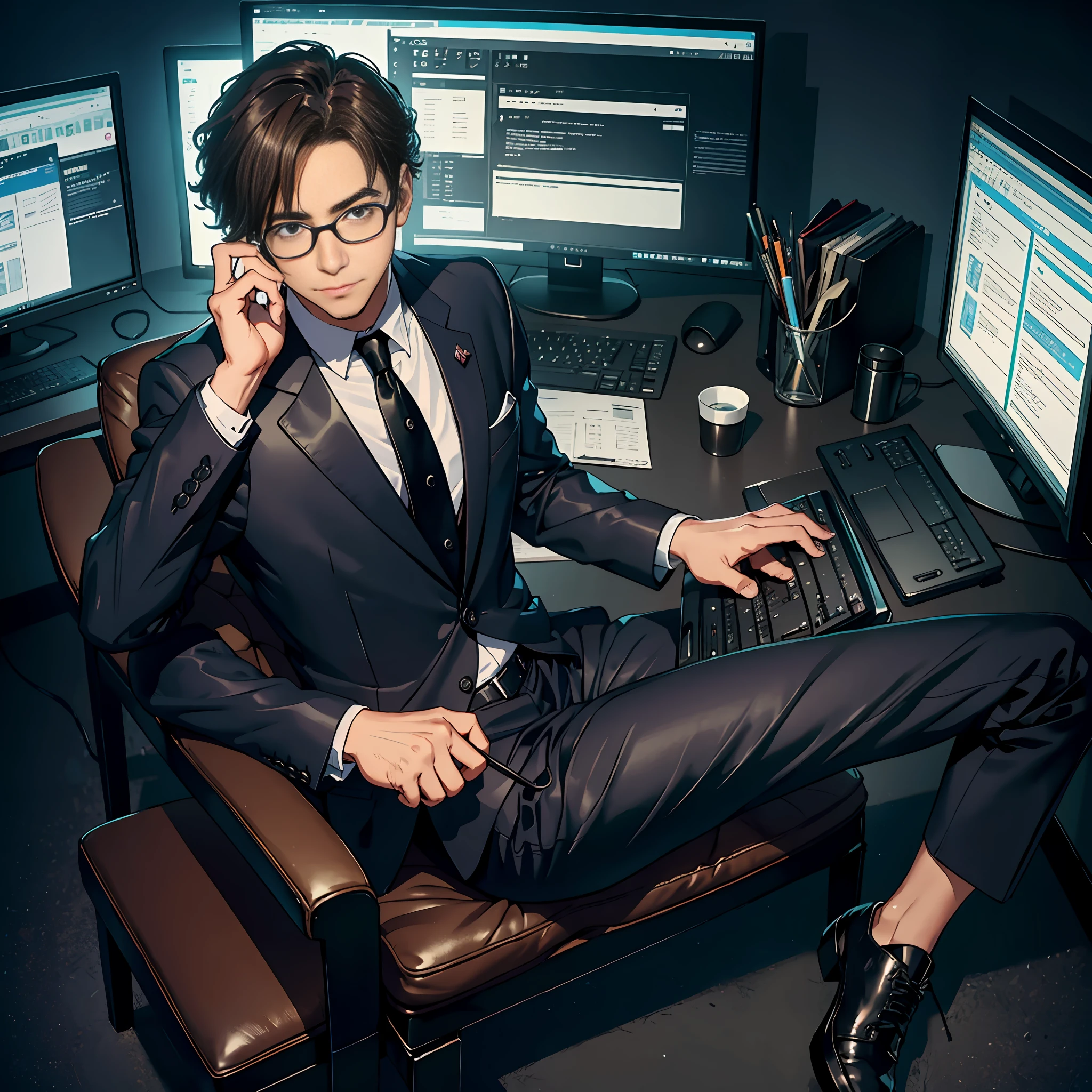 A man, happy to work, wearing a suit and leather shoes, sitting in front of a computer to work, daytime, office, colleagues, fine facial portrayal, fine clothing portrayal, ultra HD, 8K, vista, full body photo.