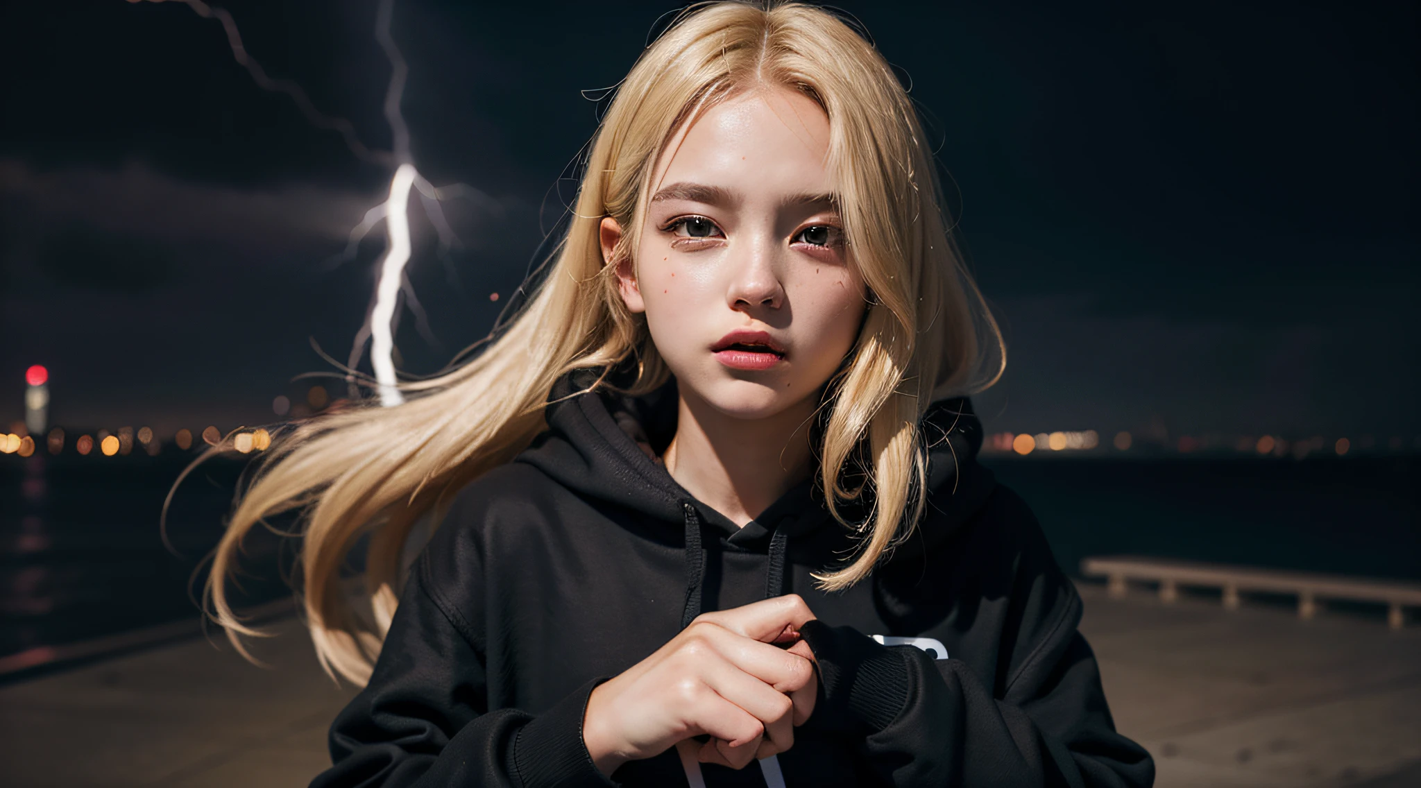12 year old blonde girl, a portrait, wearing a black hoodie and letting out lightning bolts with her fingers, real UHD, real life, masterpiece, ccurate, textured skin, super detail, best quality, high quality, high details, 4K