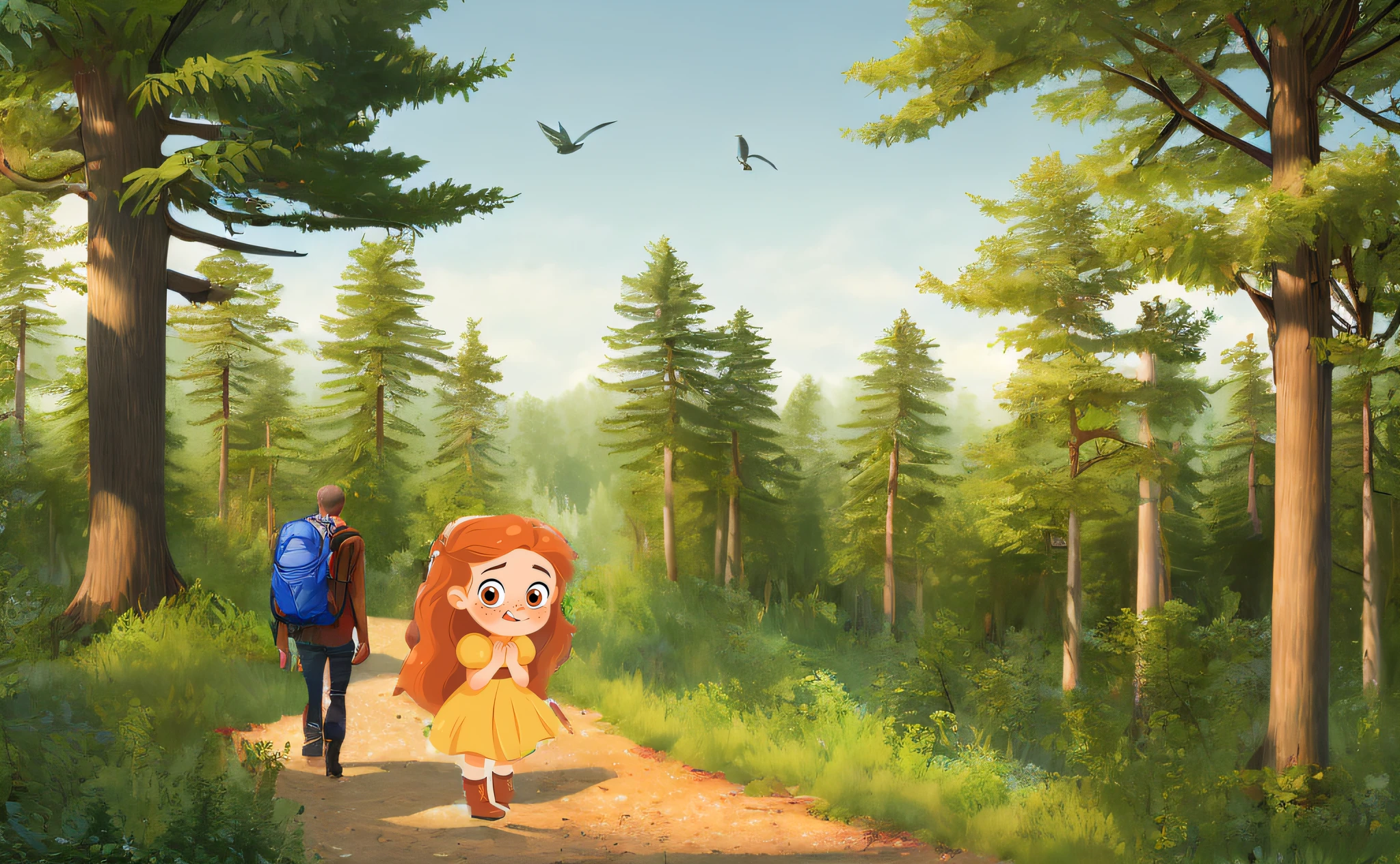 Peaceful, in the dense forest, walking on the path, lost, (high detail: 1.2), Top View