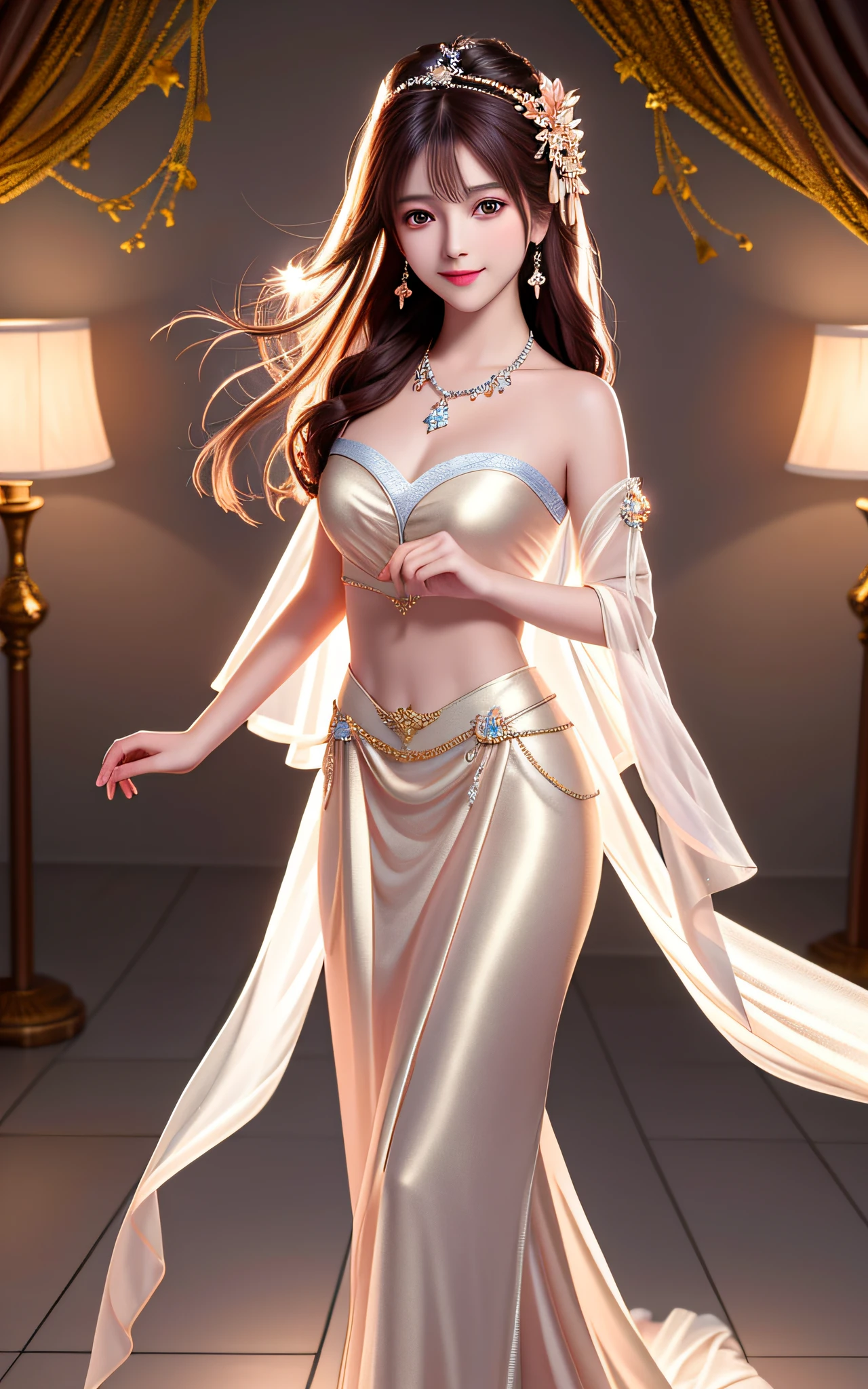 Superb Quality, Masterpiece, High Resolution, 1girl, Blush, (Seductive Smile: 0.8), Star Eyes, Full Body Unclothed, Hands Holding Chest, Hair Accessories, Necklaces, Jewelry, Beauty, on_body, Tyndall Effect, Realistic, Shadow Room, Light Edge, Two-tone Lighting, (High Detail Skin: 1.2), 8K UHD, SLR, Soft Light, High Quality, Volume Lighting, Voyeur, Photo, High Resolution, 4K, 8K, Background Blur