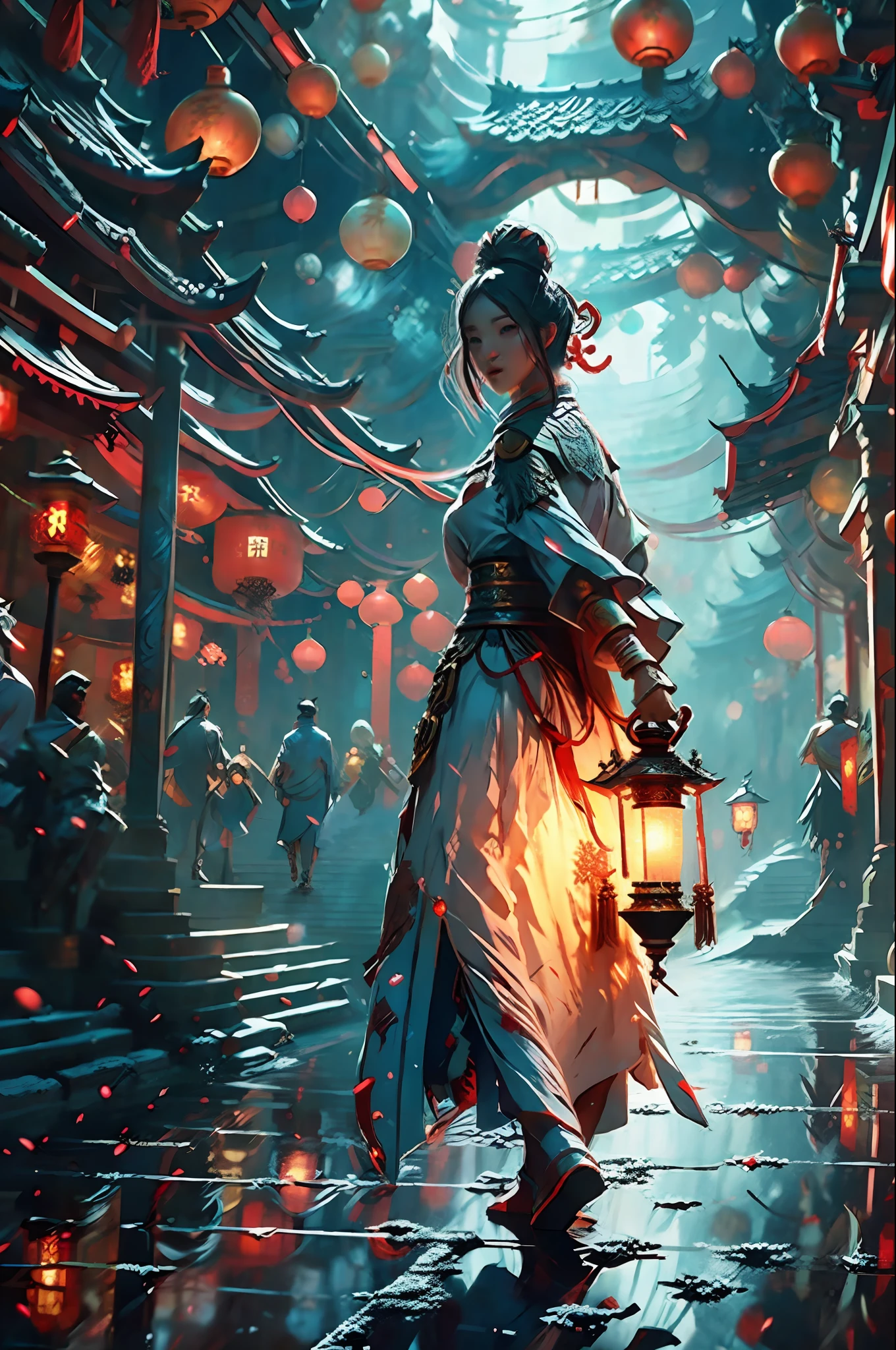 Water magic style, at night, snowflakes falling, in the red court of China, a palace maid wearing a cheongsam carrying a lantern, walking slowly on the long road, lonely, dark, ink style, details presented like a master level, the picture is elegant and fresh, like the pine snow map written by the master, the style is very similar to Zhang Daqian, 8k wallpaper, the highest quality, look back and smile
