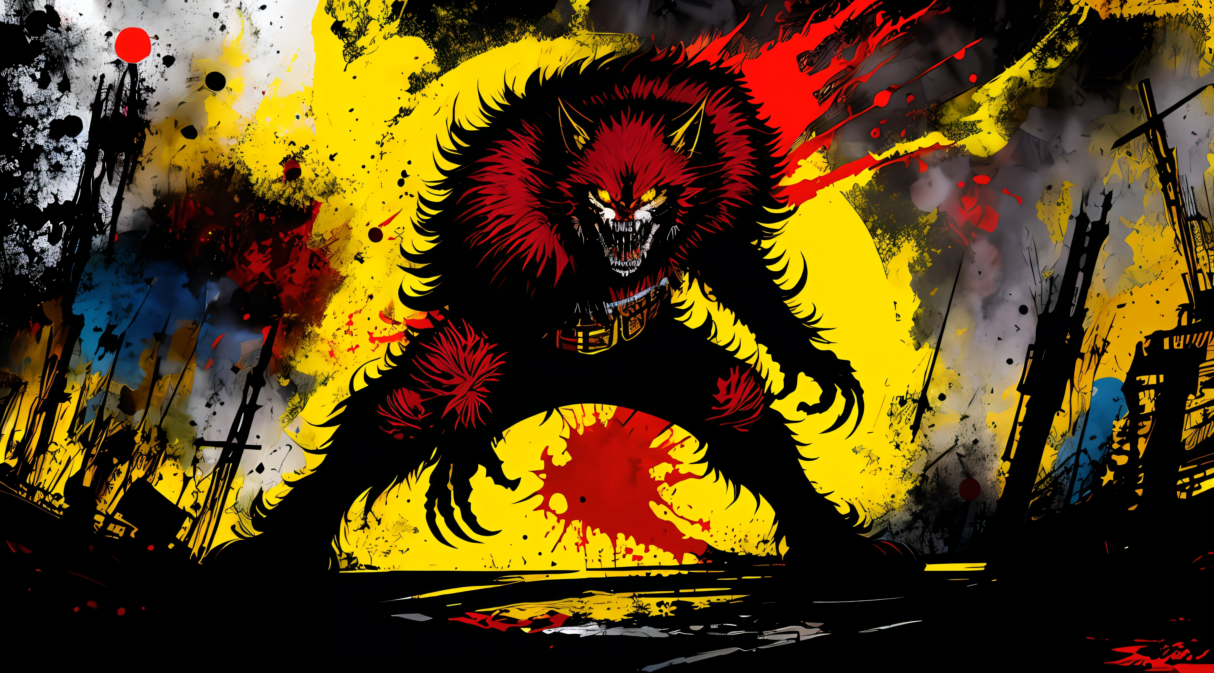 red, yellow and black, a full body berserk werewolf, solo, in the style of Mork Borg, strong contrast, grunge dirty punk splash art, black metal zine