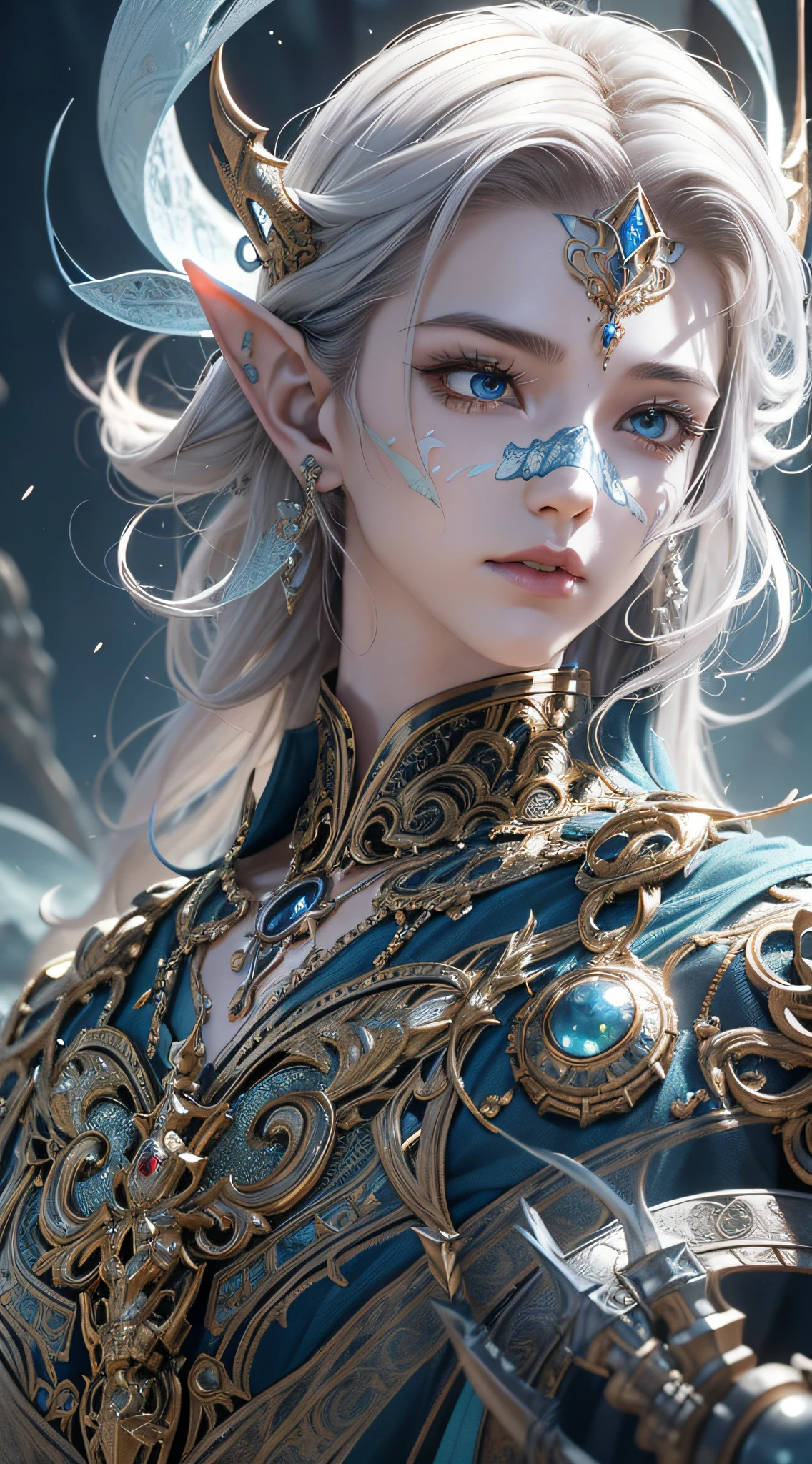 Close-up of a boy with a sword, ultra-detailed fantasy characters, intricate gorgeous anime CGI style, suitable for male demons with white masks, 4 K detail fantasy, high-detail iconic characters, beautiful biomechanical elves, complex fantasy characters, high detail and very sharp, intricate artwork. Octane rendering, 3d rendering character art 8 k