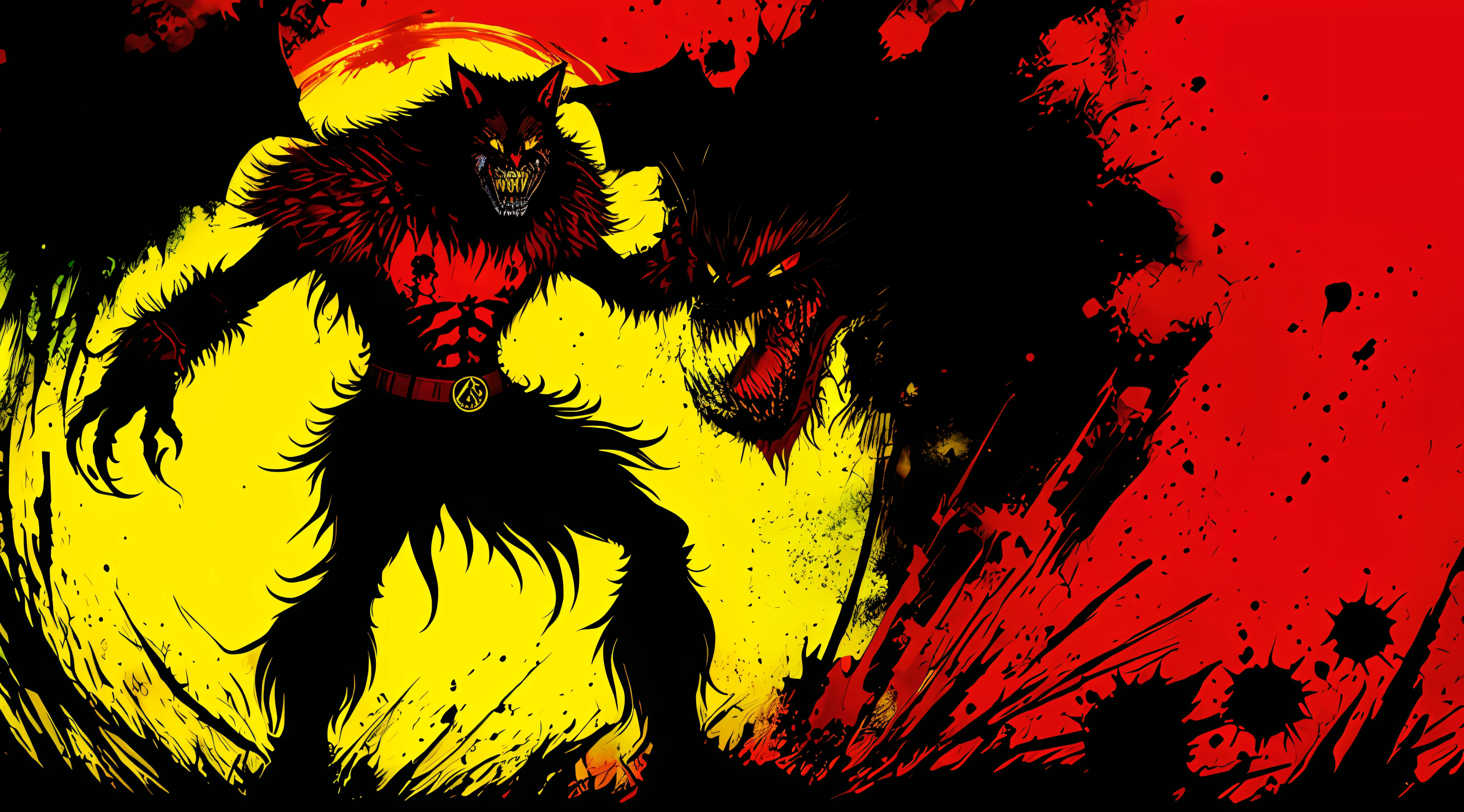 red, yellow and black, a full body berserk werewolf, solo, in the style of Mork Borg, strong contrast, grunge dirty punk splash art, black metal zine