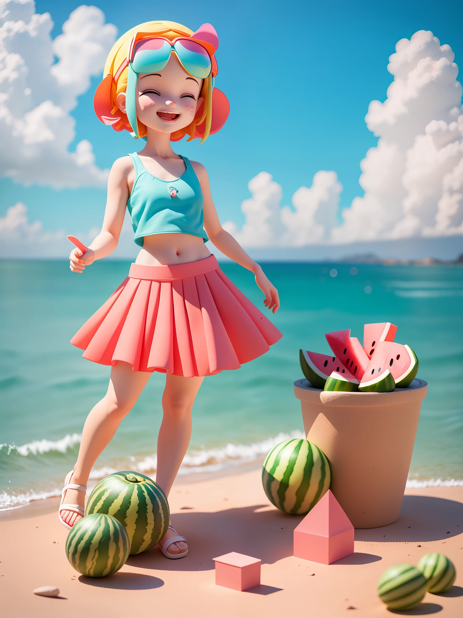 A super cute girl eating watermelon, full of happiness, 16 years old, sunny day, waves, sea in background, 3d art, octane rendering, ray tracing and clay material. POPMART blind box trend, animated lighting, super detail, soft colors and clean backgrounds, soft focus 3D rendering, depth of field, C4D, blender