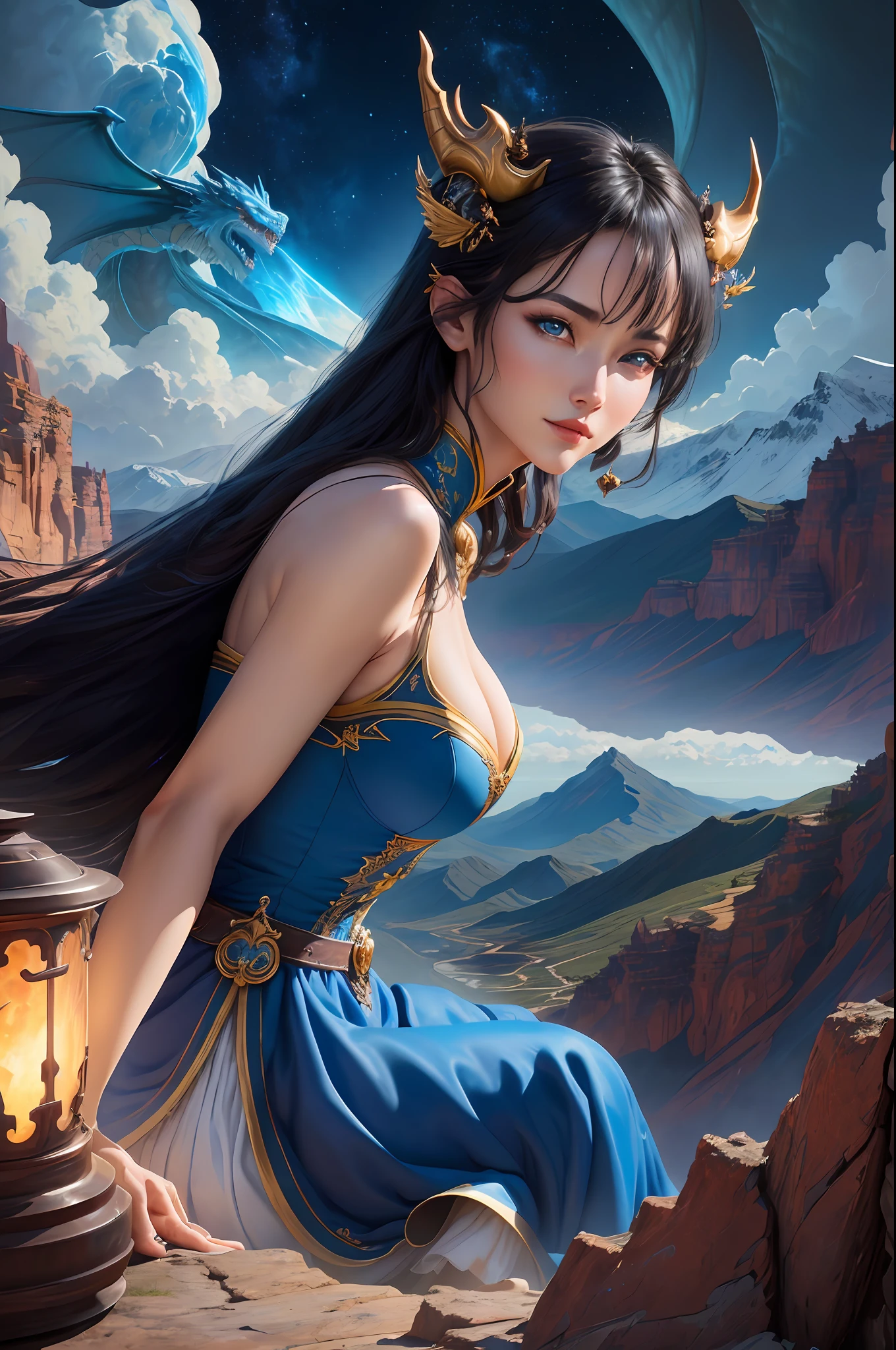 ((Best Quality)), ((Masterpiece)), (detailed), Dragon Empire,Dragons Flying in the Sky, Realistic Eyes, Black Hair, Blue Eyes, Small , Sexyrean Setin Dress, Evil Landscape, Ethereal Beauty, (Fantasy Illustration: 1.3), Glamorous Look, Charming Pose, Solo Girl, Supernatural Charm, Mysterious Sky, (anime), Moonlit Night, Pastel Colors, (Detailed Cloudy Landscape: 1.3), (High resolution: 1.2) (The blue dragon flies in the sky) dressed, and on the mountain, an army passes far away in the canyon below.