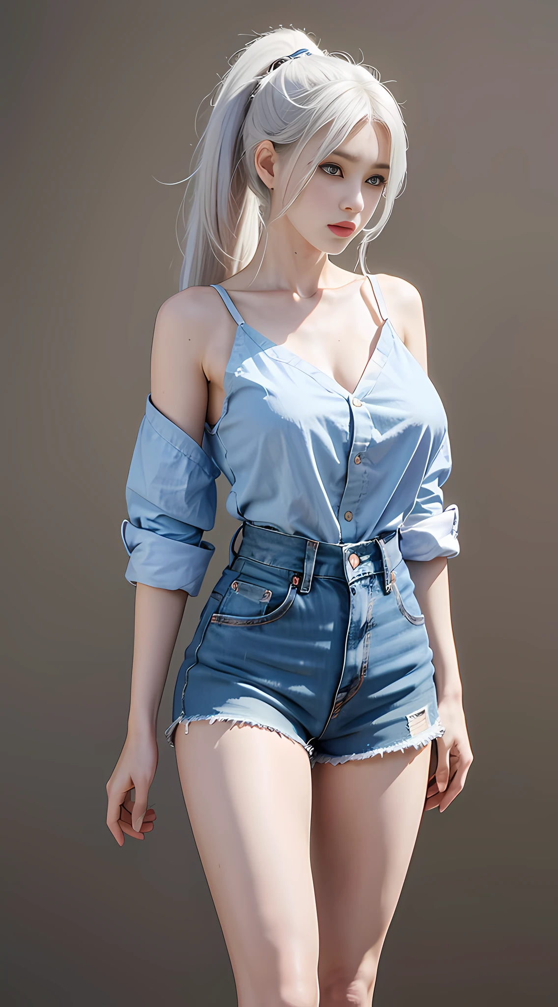 Ultra HD, Ultra Detail, Full Body, Realistic, High Resolution, 8K 1 Girl, Ponytail White Hair, Korea, Blue Eyes, Shirt, Skinny Denim Shorts, Big Breast, Thin Waist, Thighs