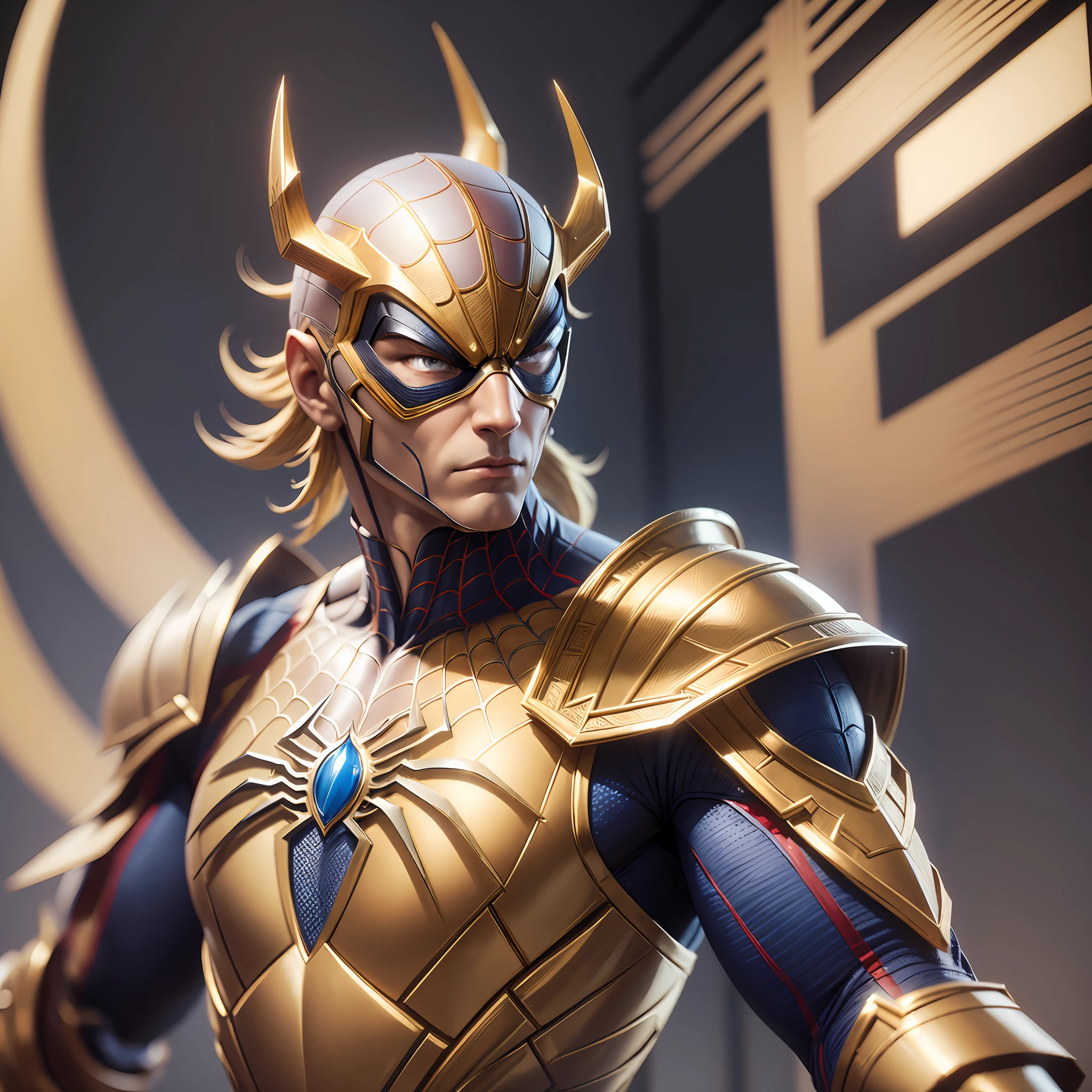 a close up of a statue of a man with a gold and white costume, super detailed render, 3 d render character art 8 k, intricate white and gold armor, full samurai armor spiderman, high detail iconic character, 8k render”, octane render ”, octane render”, super detailed octane render, super rendered in octane render, hyper detailed 3 d render, futuristic style spiderman --auto --s2