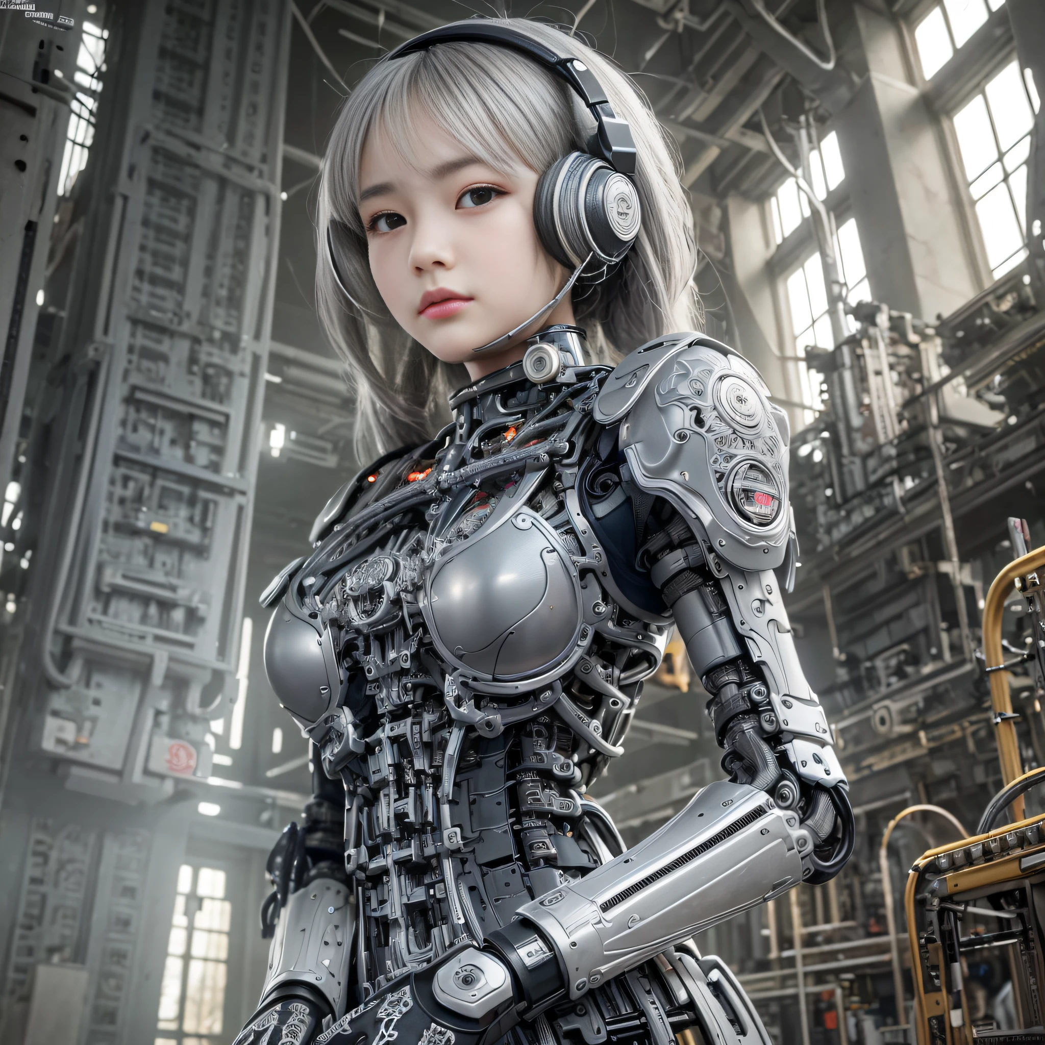 Top quality, masterpiece, intricate details, super detailed, highly detailed 8K wallpaper, machine girl, (machine eye), in production, semi-made machine body, machine limbs, gray hair, mechanical joints, fully mechanized from neck down, cable connected to the head, cable connected to the body, electronic circuit, factory, whole body,
