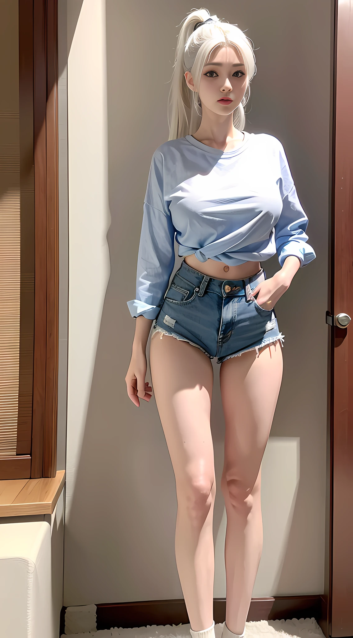 Ultra HD, Ultra Detail, Full Body, Realistic, High Resolution, 8K 1 Girl, Ponytail White Hair, Korea, Blue Eyes, Shirt, Skinny Denim Shorts, Big Breast, Thin Waist, Thighs