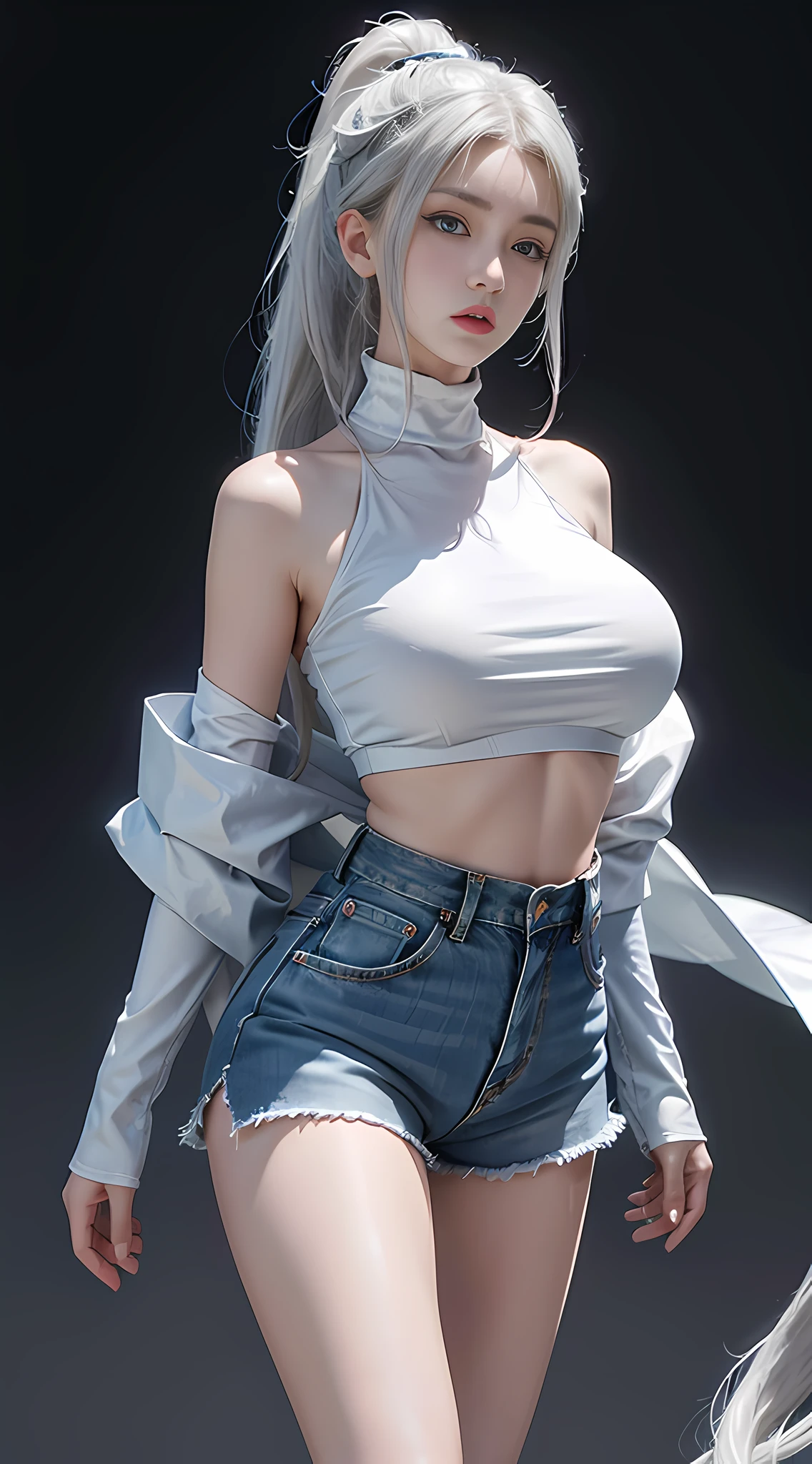 Ultra HD, Ultra Detail, Full Body, Realistic, 8K High Resolution, 1 Girl, Ponytail White Hair, Korean, Blue Eyes, Shirt, Skinny Denim Shorts, Big Breast, Thin Waist, Thighs